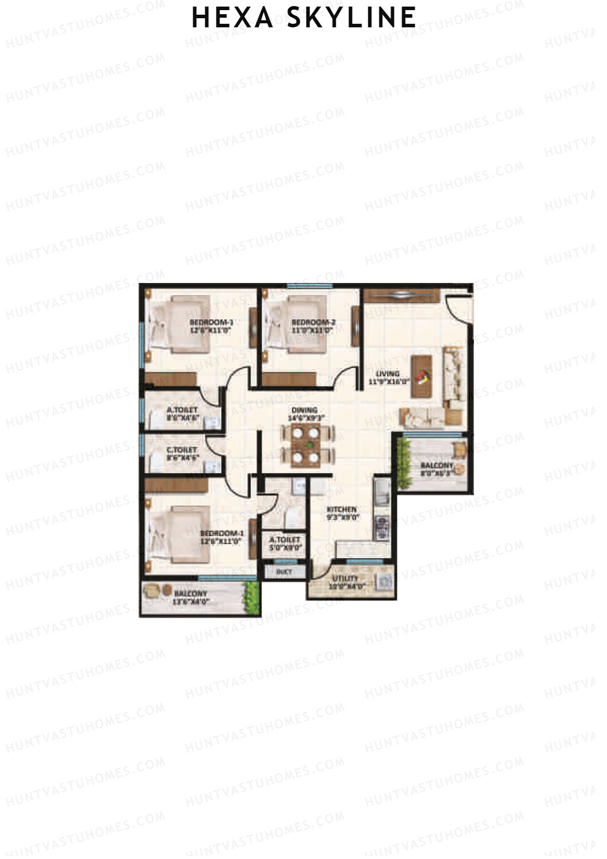 Hexa Skyline, Block B, Unit 8, 3BHK, Super Area 1540   sq ft 