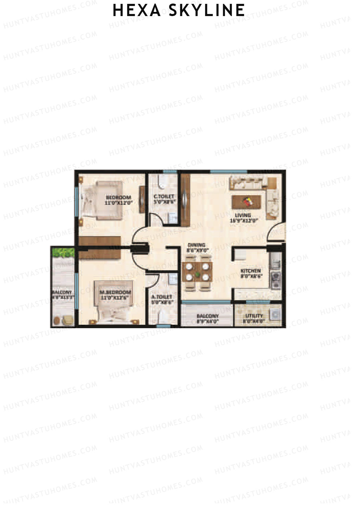 Hexa Skyline, Block B, Unit 9, 2BHK, Super Area 1190   sq ft 