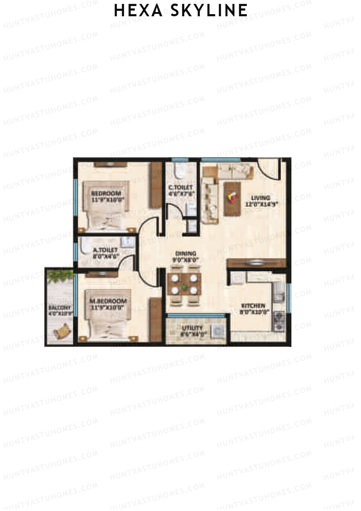Hexa Skyline, Block C, Unit 10, 2BHK, Super Area 1040   sq ft 