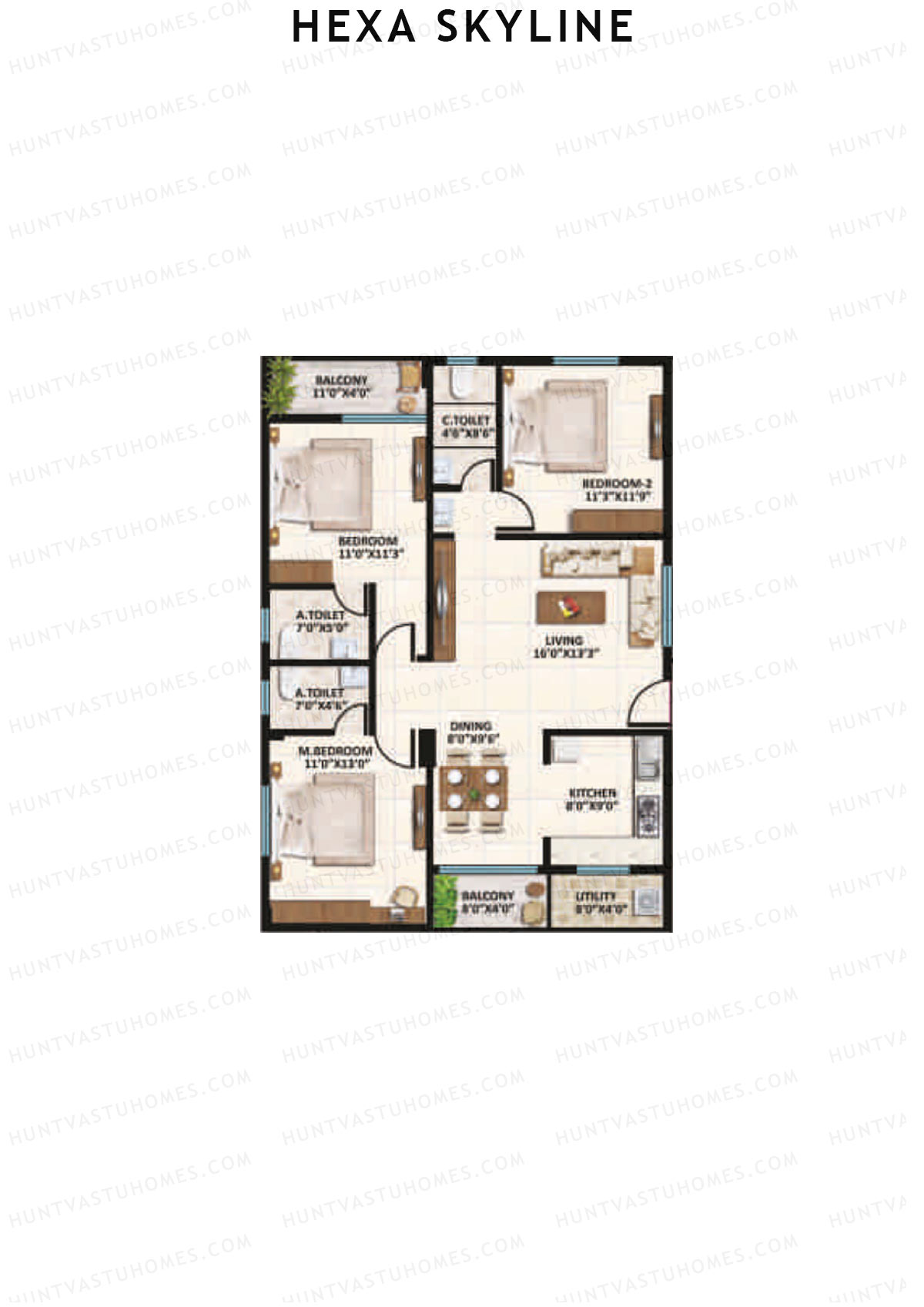 Hexa Skyline, Block C, Unit 11, 3BHK, Super Area 1420   sq ft 