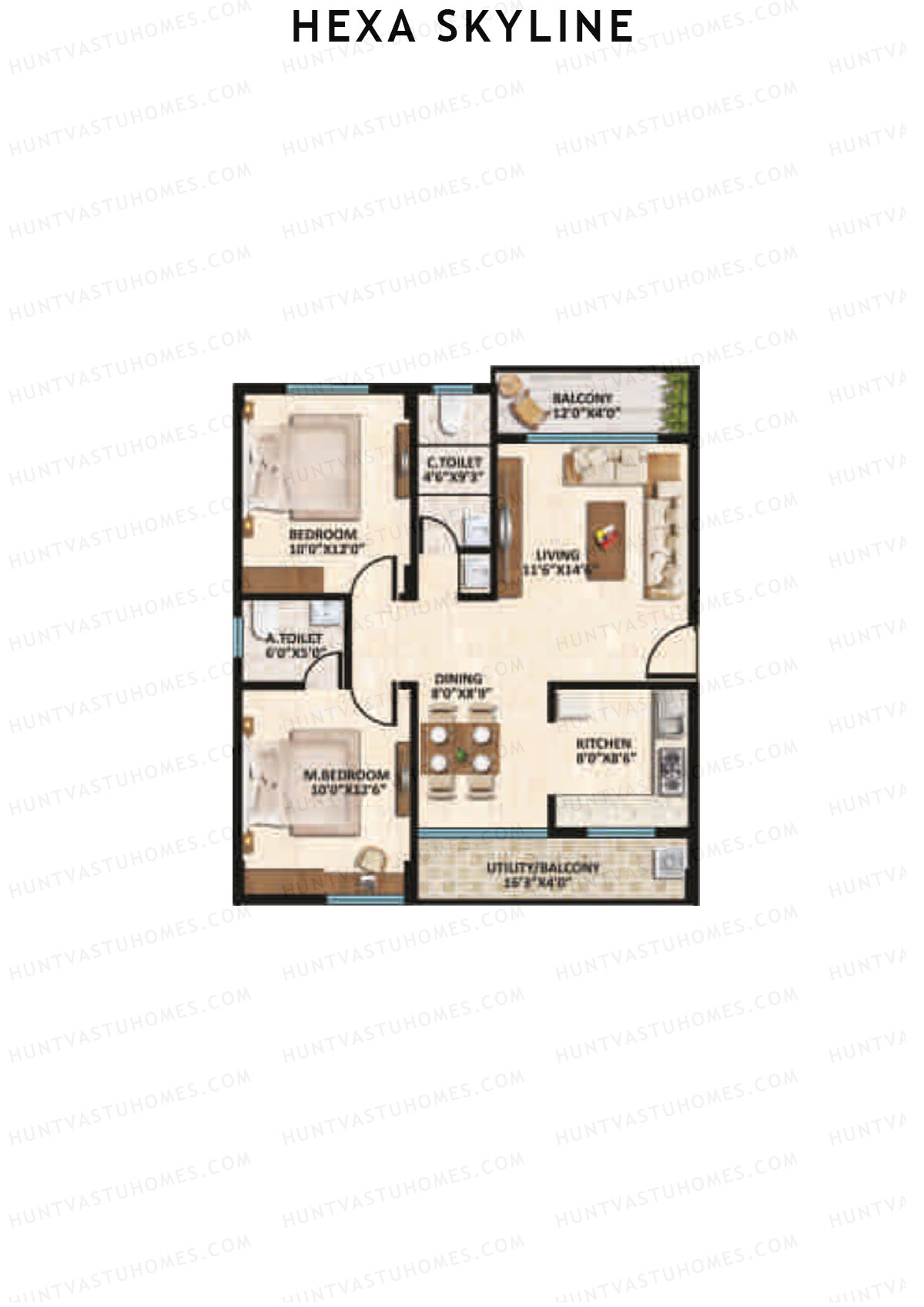 Hexa Skyline, Block C, Unit 12, 2BHK, Super Area 1105   sq ft 