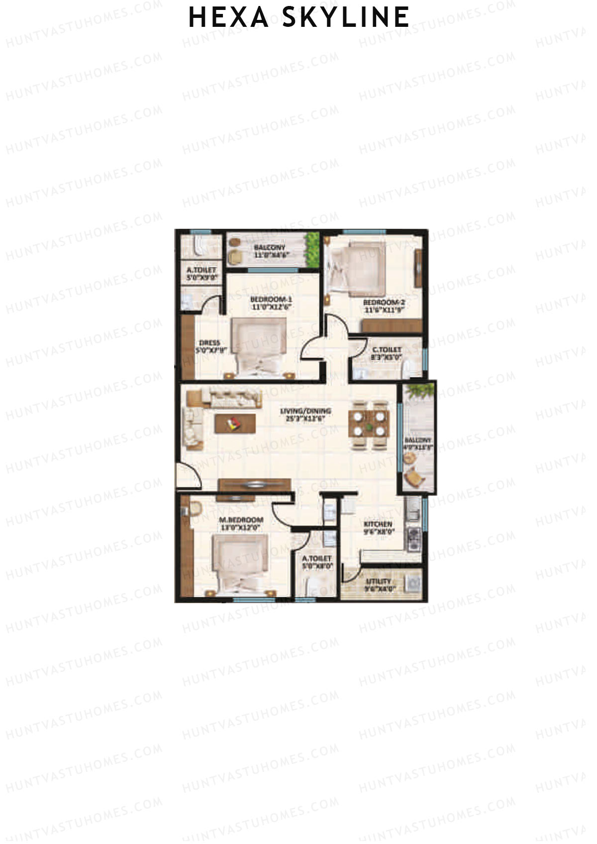 Hexa Skyline, Block C, Unit 1, 3BHK, Super Area 1610   sq ft 