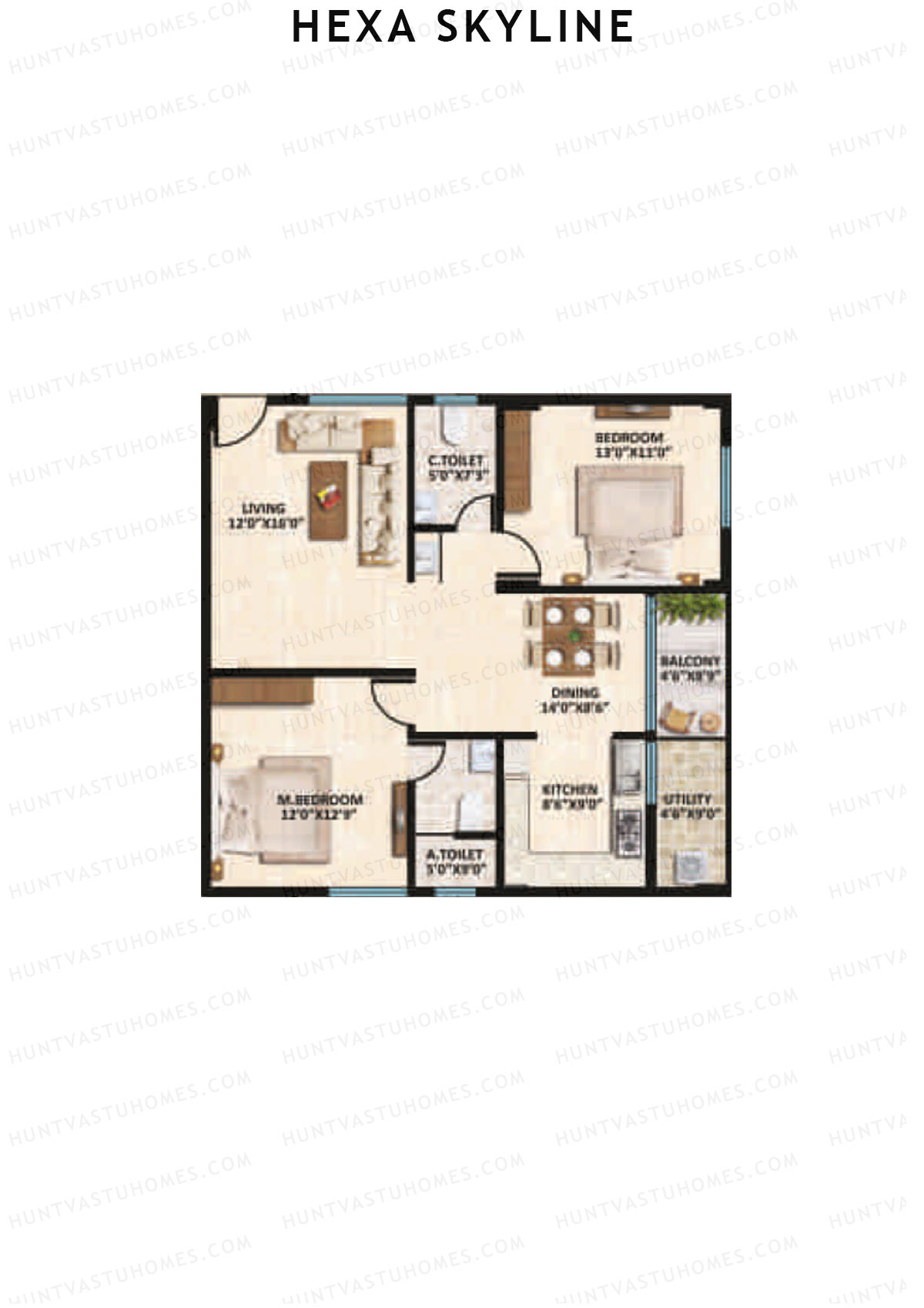 Hexa Skyline, Block C, Unit 2, 2BHK, Super Area 1235   sq ft 