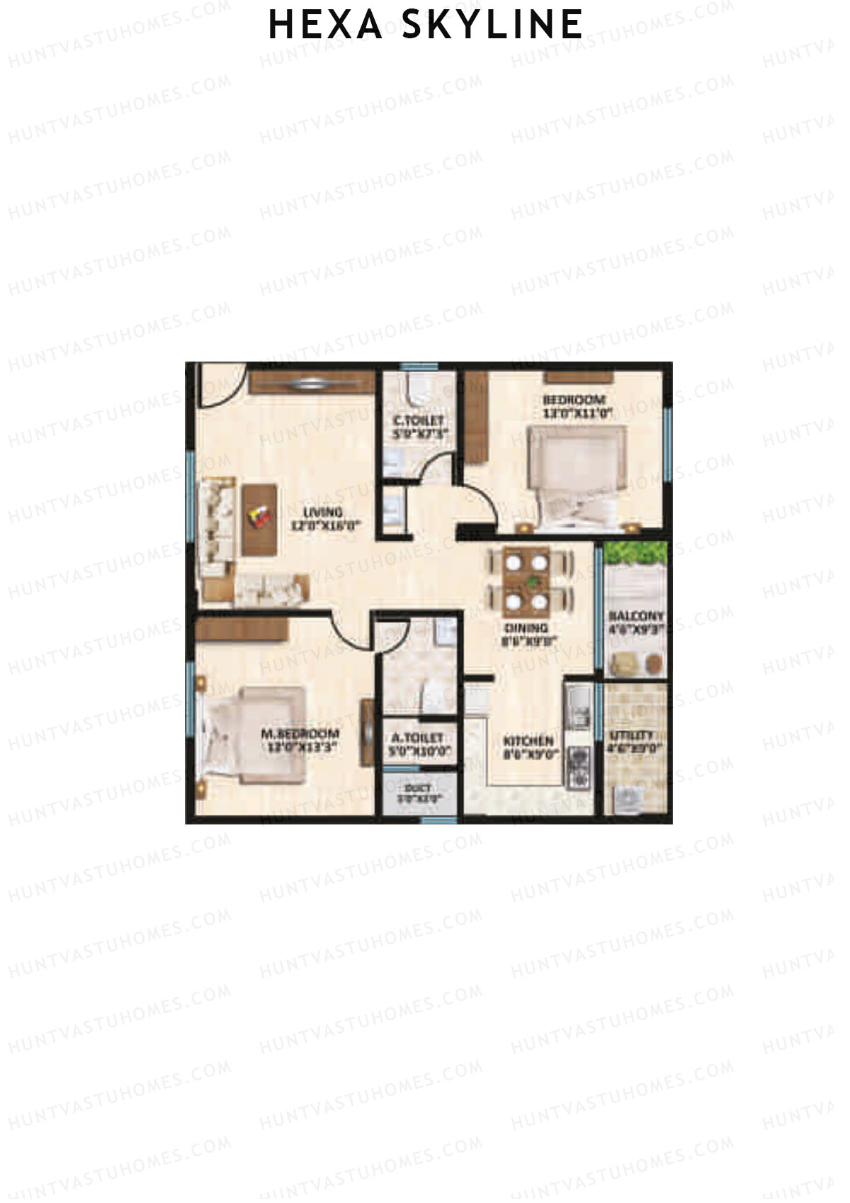 Hexa Skyline, Block C, Unit 3, 2BHK, Super Area 1255   sq ft 