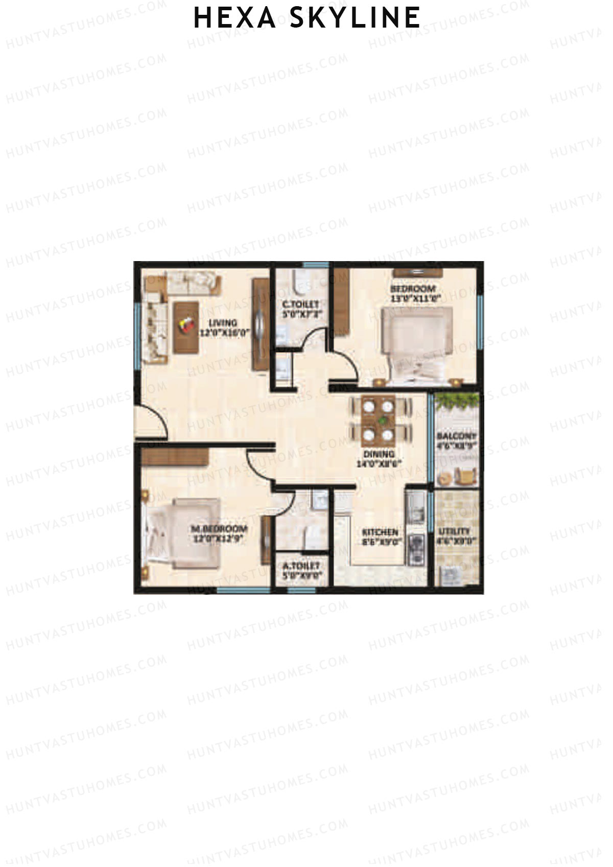 Hexa Skyline, Block C, Unit 4, 2BHK, Super Area 1200   sq ft 