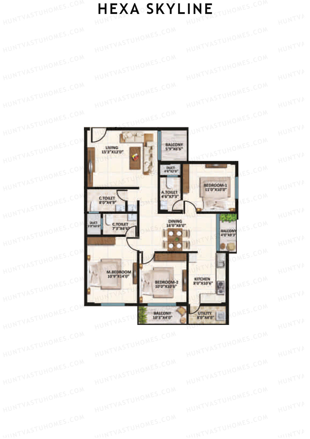 Hexa Skyline, Block C, Unit 5, 3BHK, Super Area 1485   sq ft 