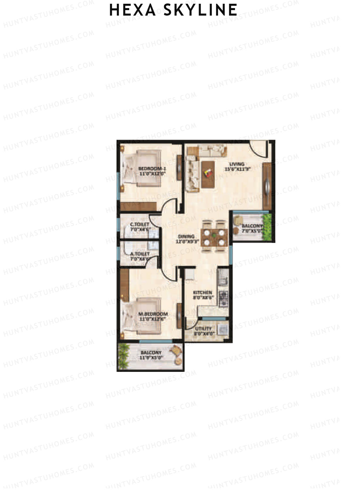 Hexa Skyline, Block C, Unit 6, 2BHK, Super Area 1145   sq ft 
