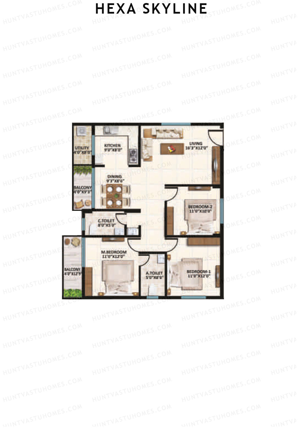 Hexa Skyline, Block C, Unit 7, 3BHK, Super Area 1385   sq ft 