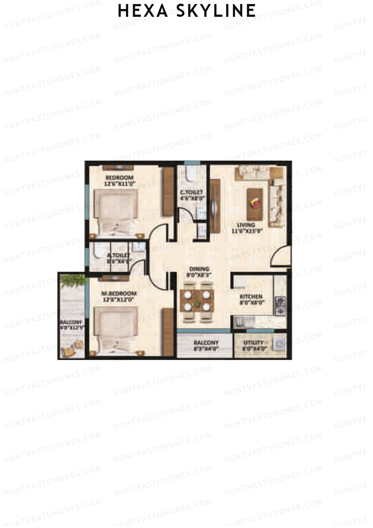 Hexa Skyline, Block C, Unit 8, 2BHK, Super Area 1160   sq ft 