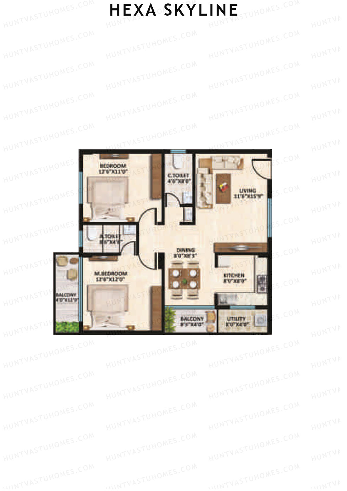 Hexa Skyline, Block C, Unit 9, 2BHK, Super Area 1160   sq ft 