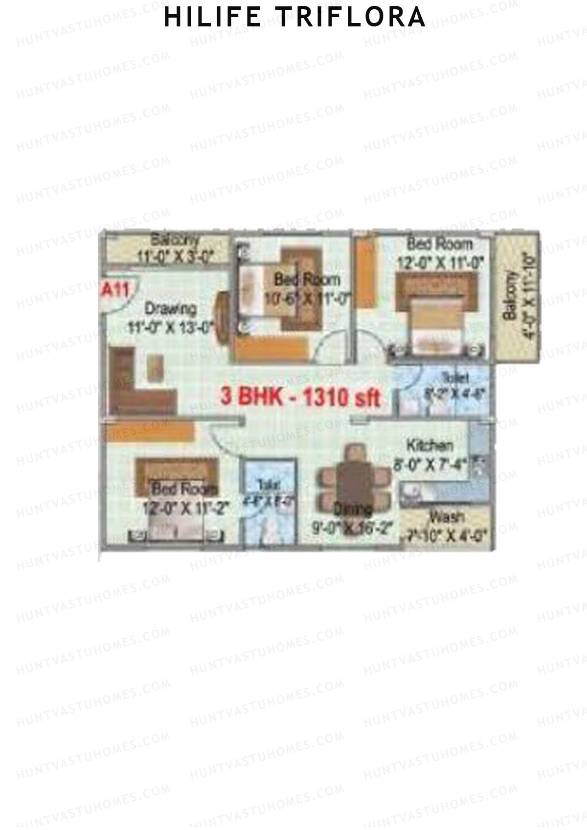 Hilife Triflora, Block A, Unit 11, 3BHK, Super Area 1310   sq ft 