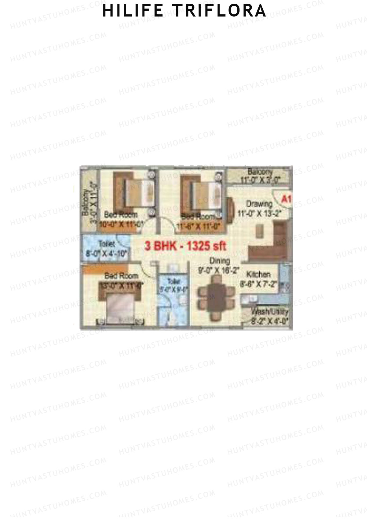 Hilife Triflora, Block A, Unit 1, 3BHK, Super Area 1325   sq ft 
