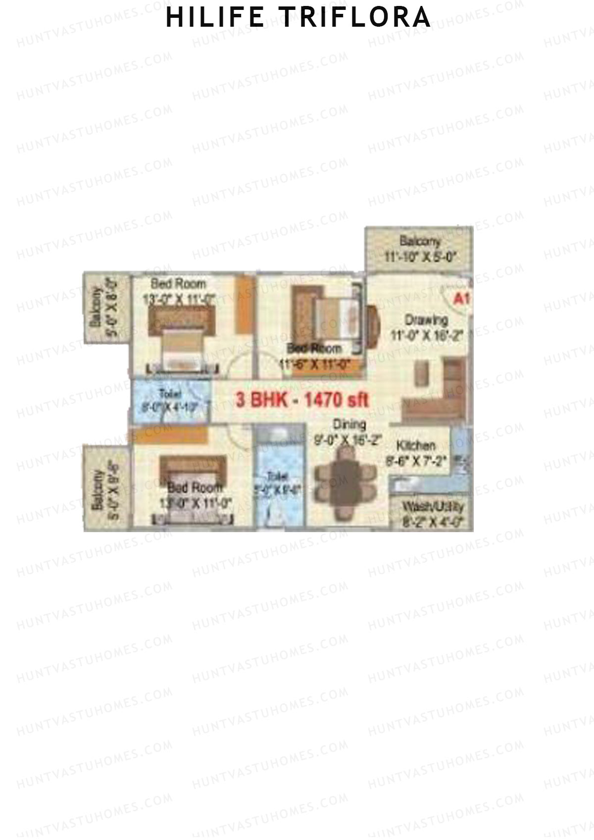 Hilife Triflora, Block A, Unit 1, 3BHK, Super Area 1470   sq ft 