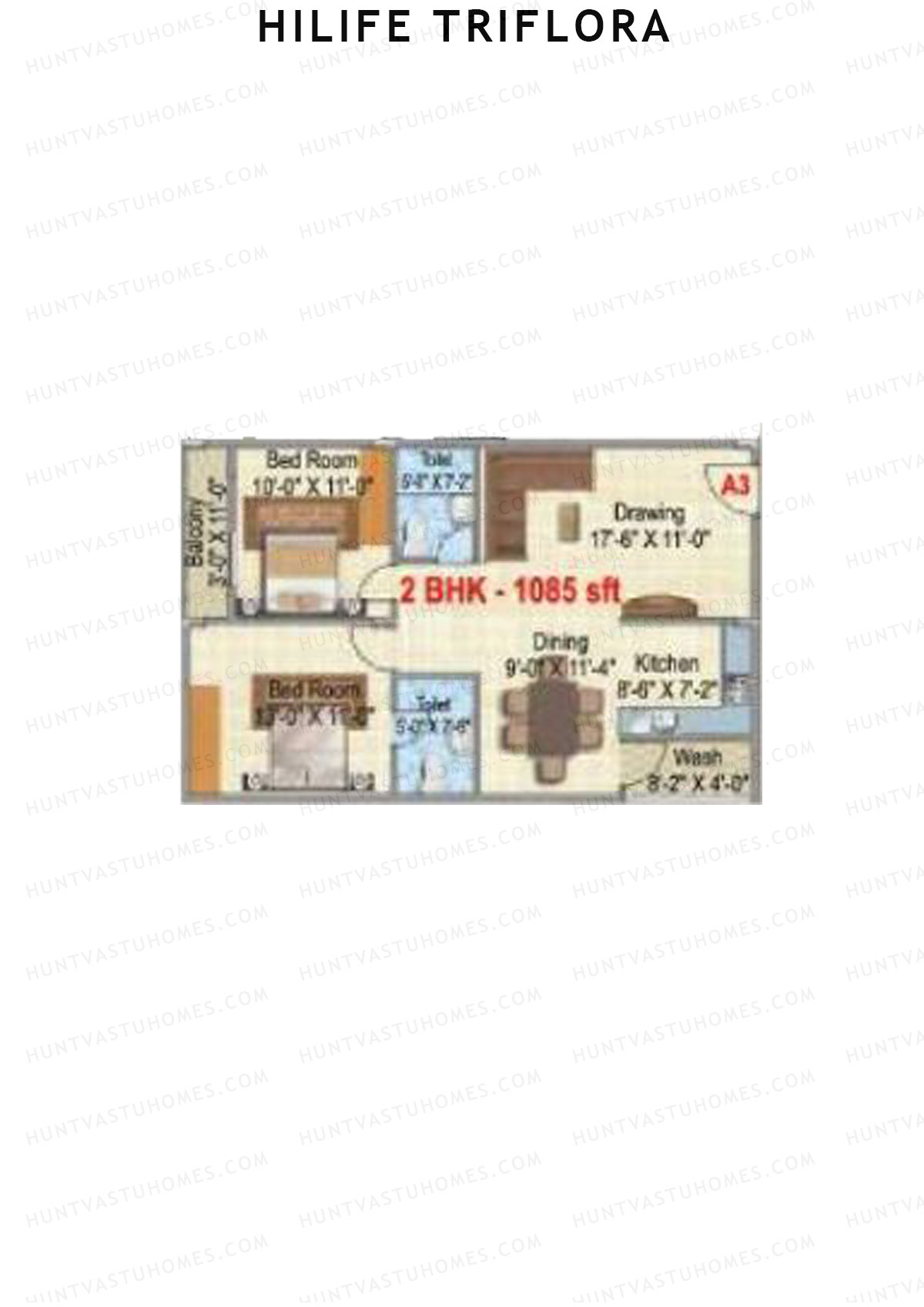 Hilife Triflora, Block A, Unit 3, 2BHK, Super Area 1085   sq ft 