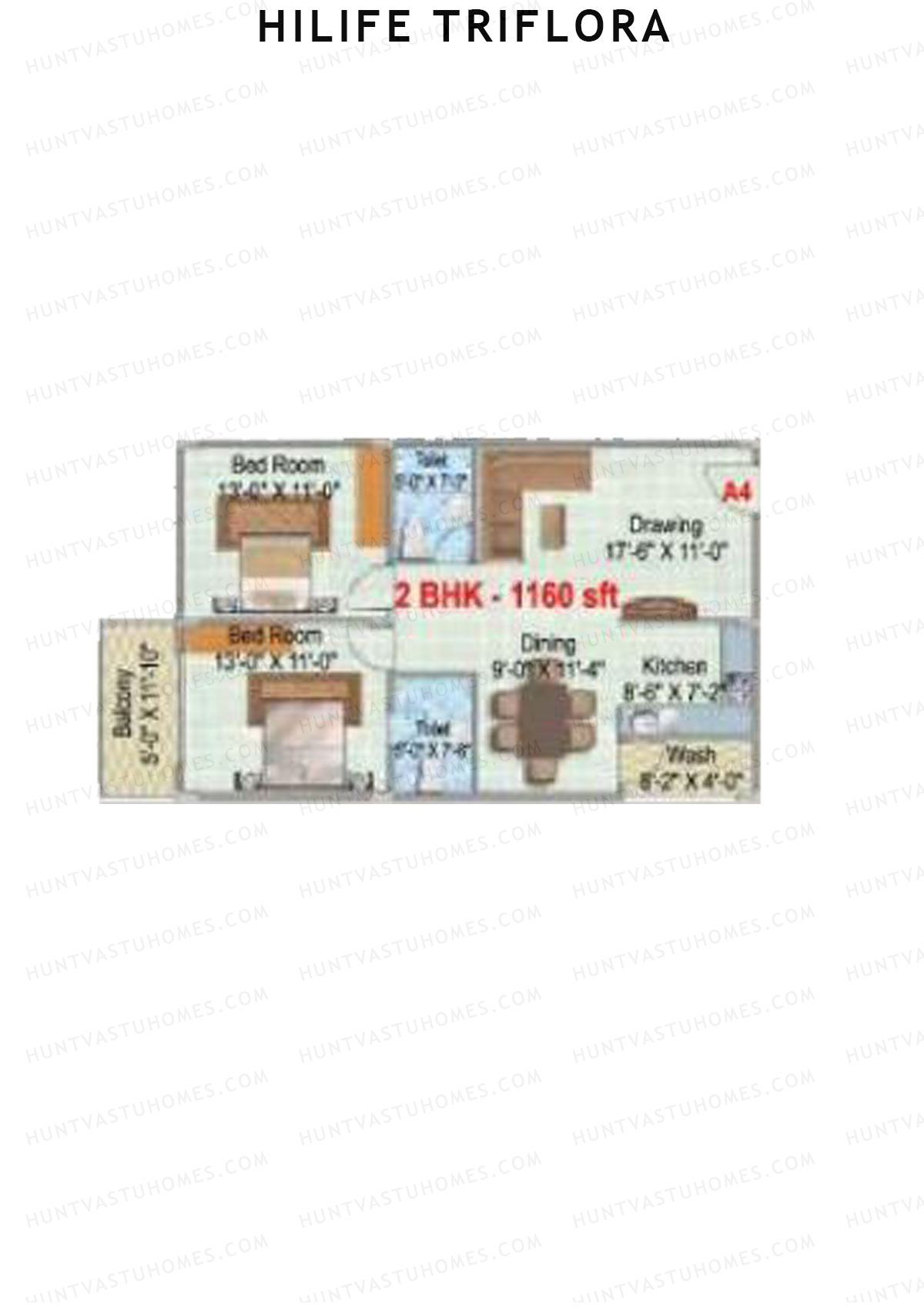 Hilife Triflora, Block A, Unit 3, 2BHK, Super Area 1160   sq ft 