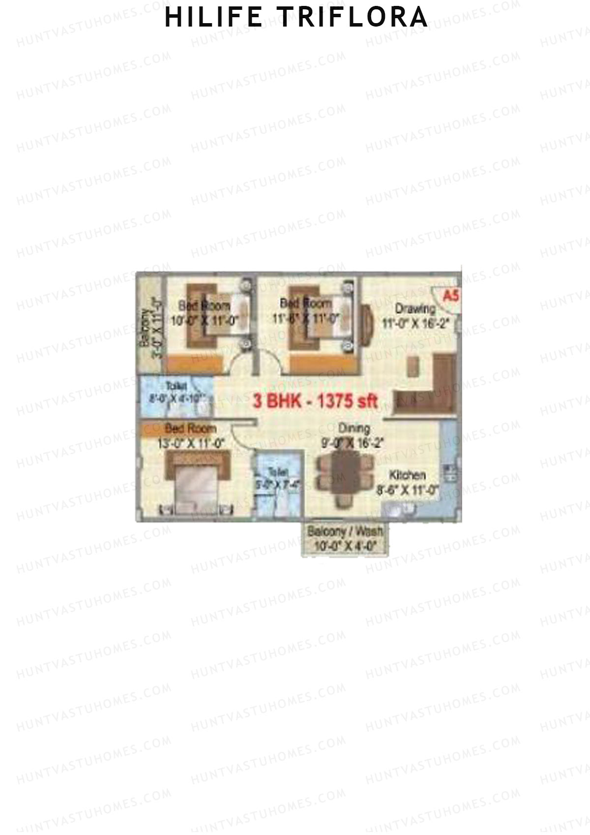 Hilife Triflora, Block A, Unit 5, 3BHK, Super Area 1375   sq ft 