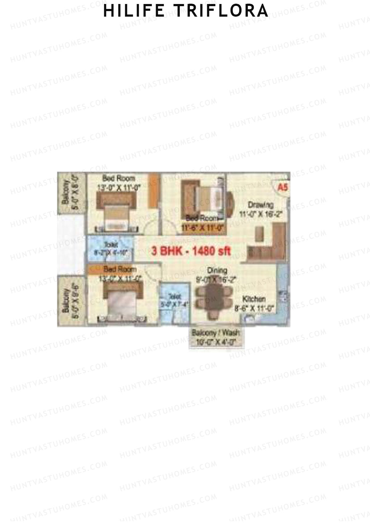 Hilife Triflora, Block A, Unit 5, 3BHK, Super Area 1480   sq ft 