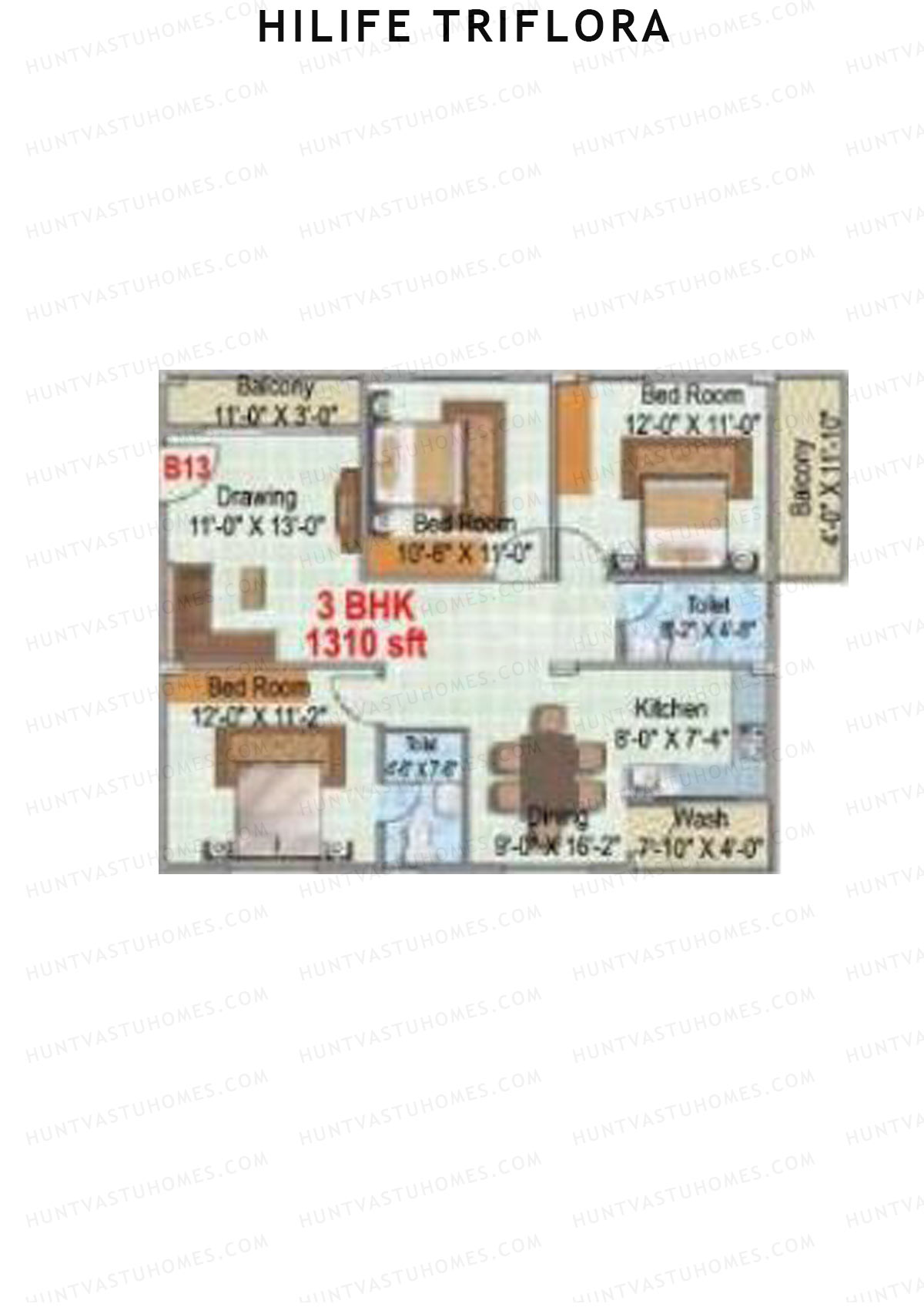Hilife Triflora, Block B, Unit 13, 3BHK, Super Area 1310   sq ft 