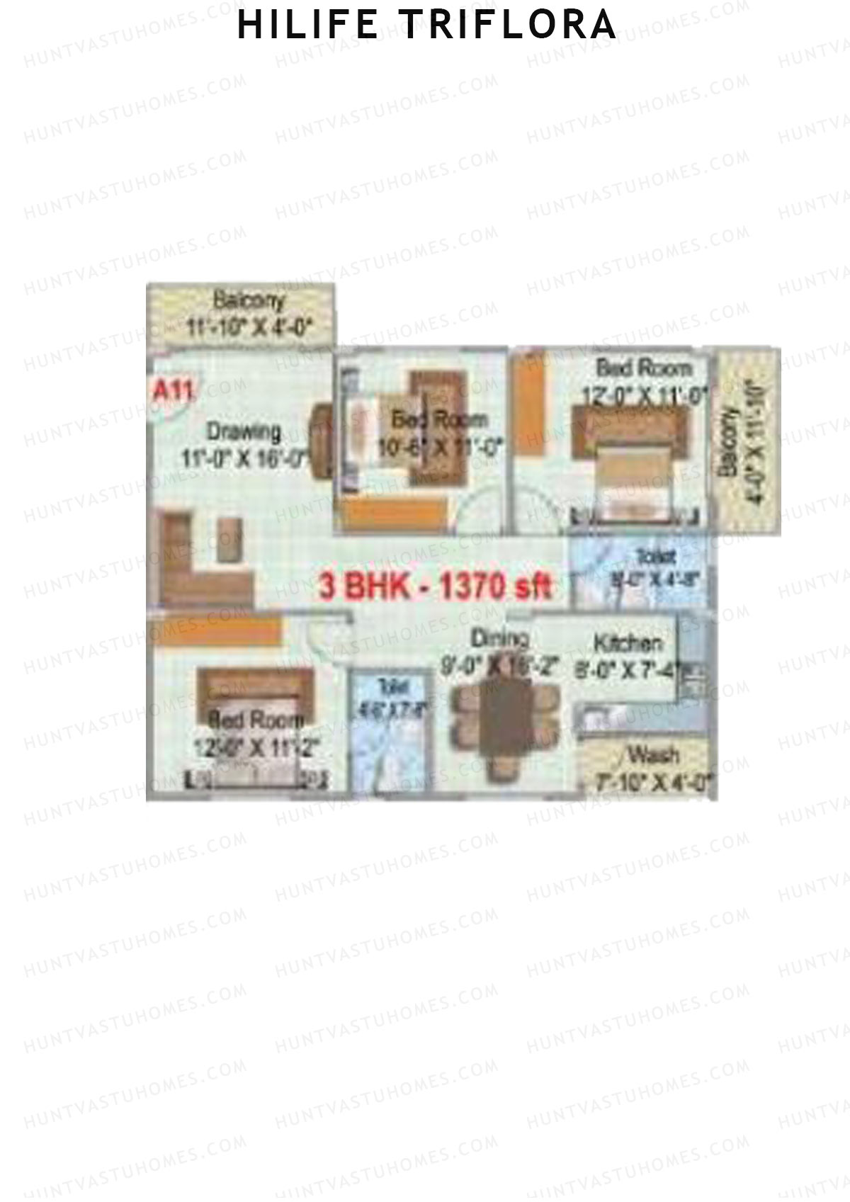 Hilife Triflora, Block B, Unit 13, 3BHK, Super Area 1370   sq ft 