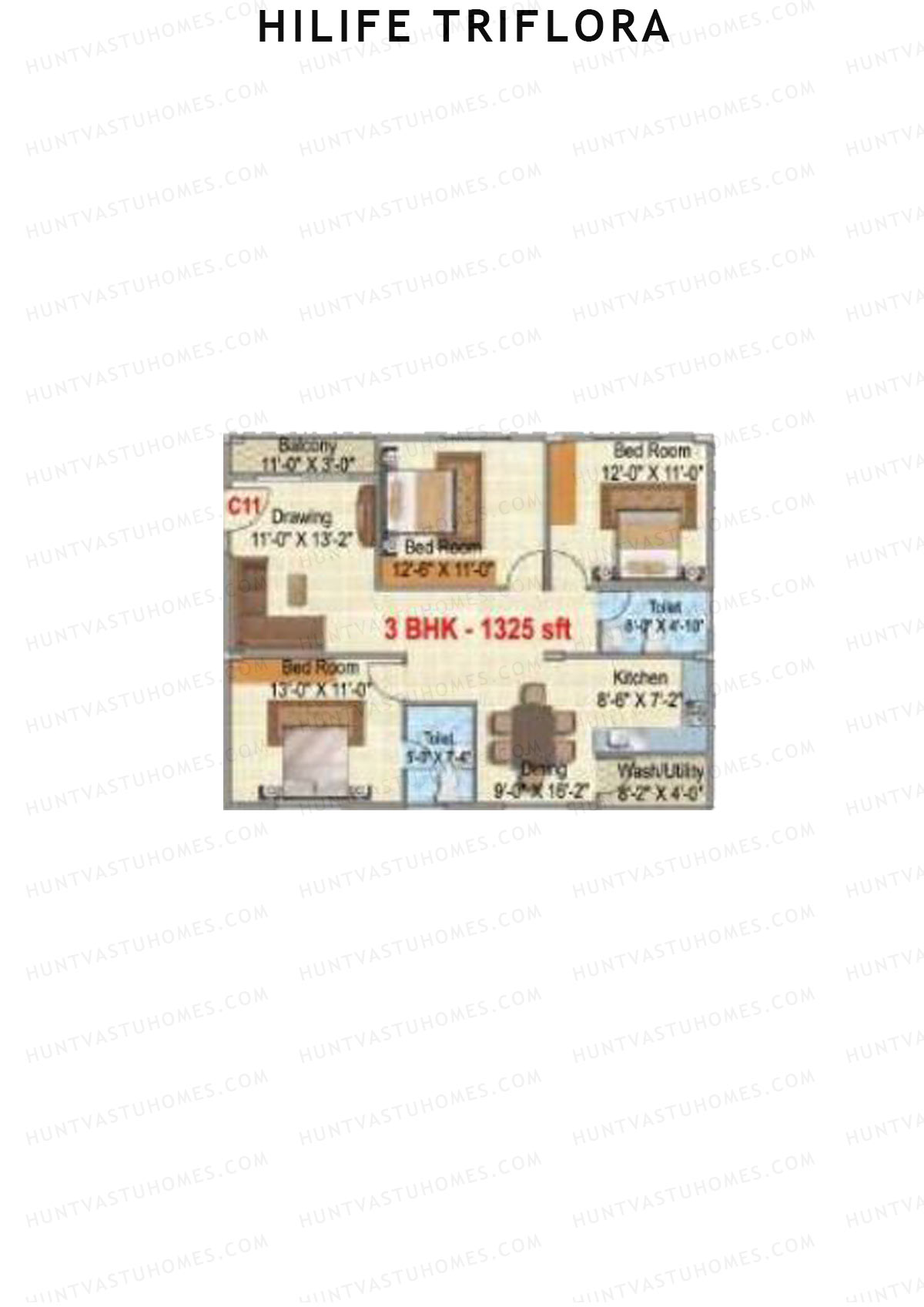 Hilife Triflora, Block C, Unit 11, 3BHK, Super Area 1325   sq ft 