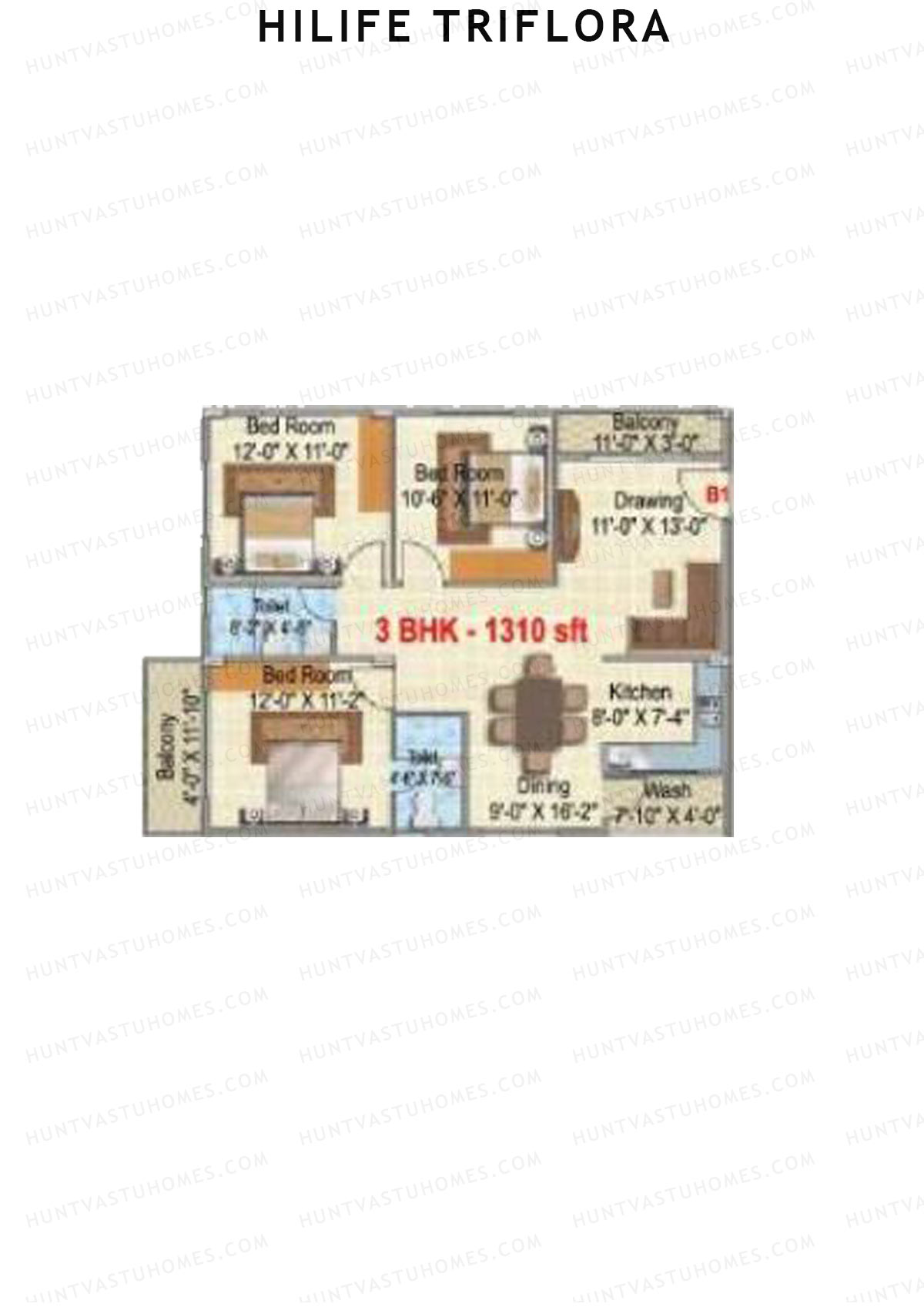 Hilife Triflora, Block C, Unit 1, 3BHK, Super Area 1310   sq ft 