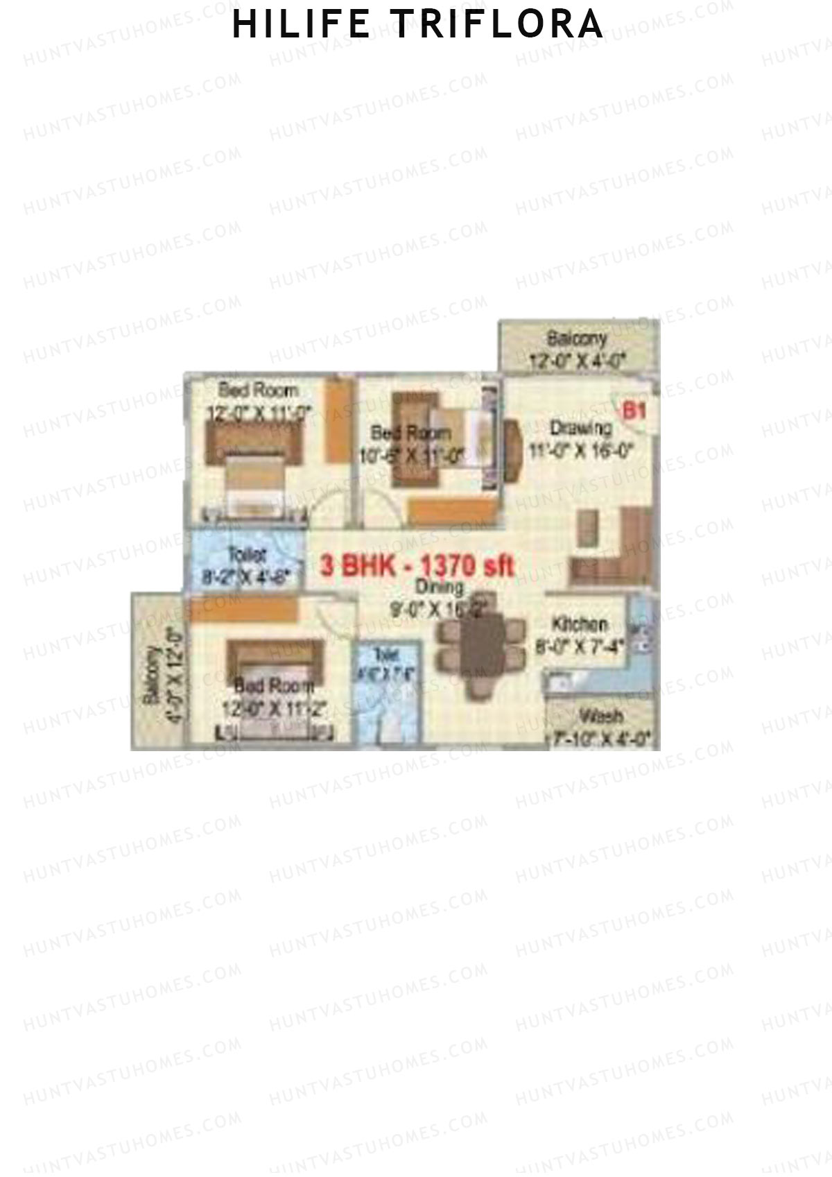 Hilife Triflora, Block C, Unit 1, 3BHK, Super Area 1370   sq ft 