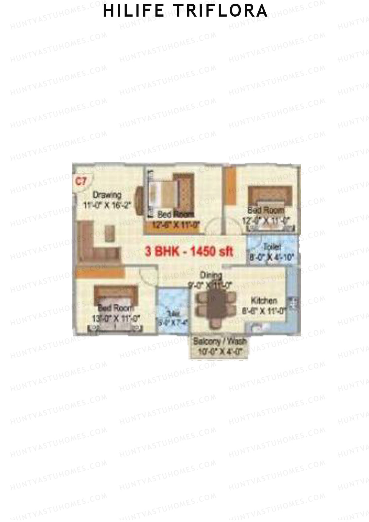 Hilife Triflora, Block C, Unit 7, 3BHK, Super Area 1375   sq ft 