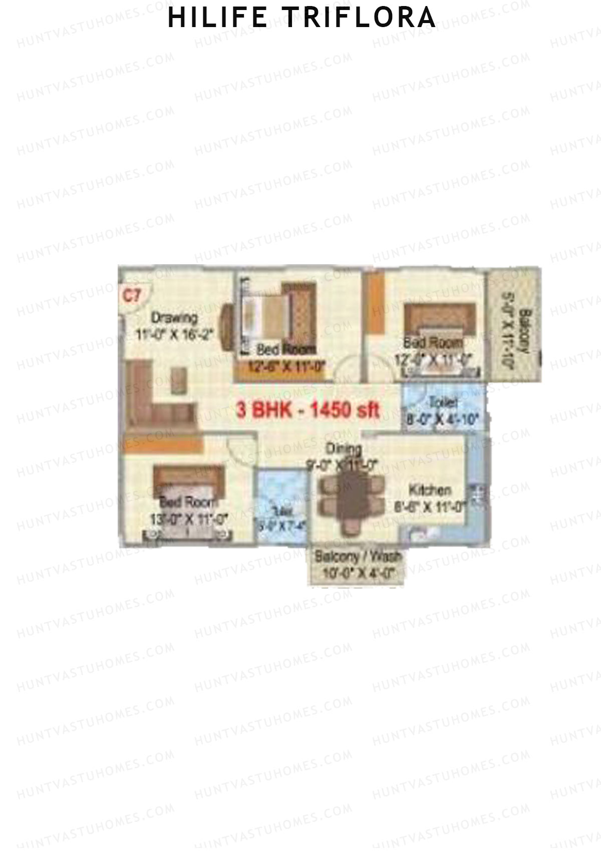 Hilife Triflora, Block C, Unit 7, 3BHK, Super Area 1450   sq ft 