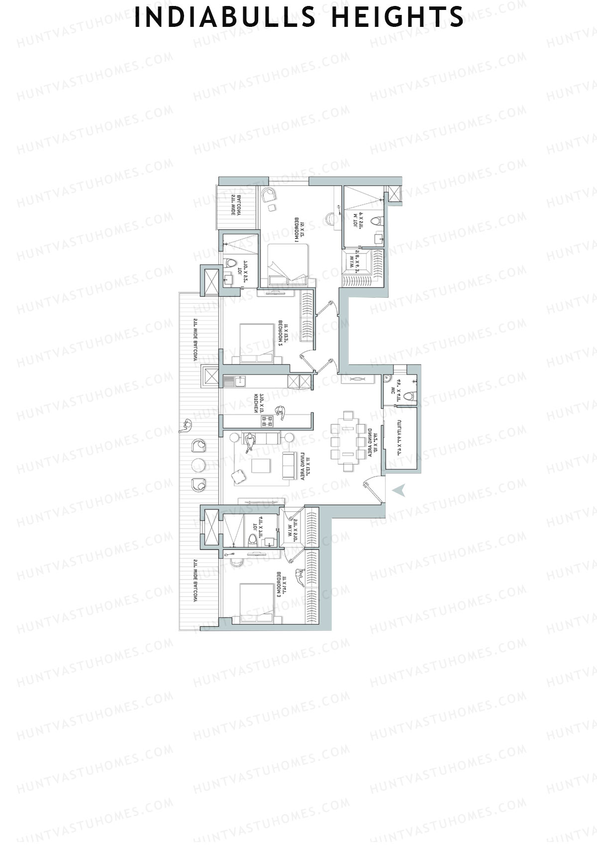 Indiabulls Heights, Tower B, Unit 2, 3BHK, Super Area 2282   sq ft 
