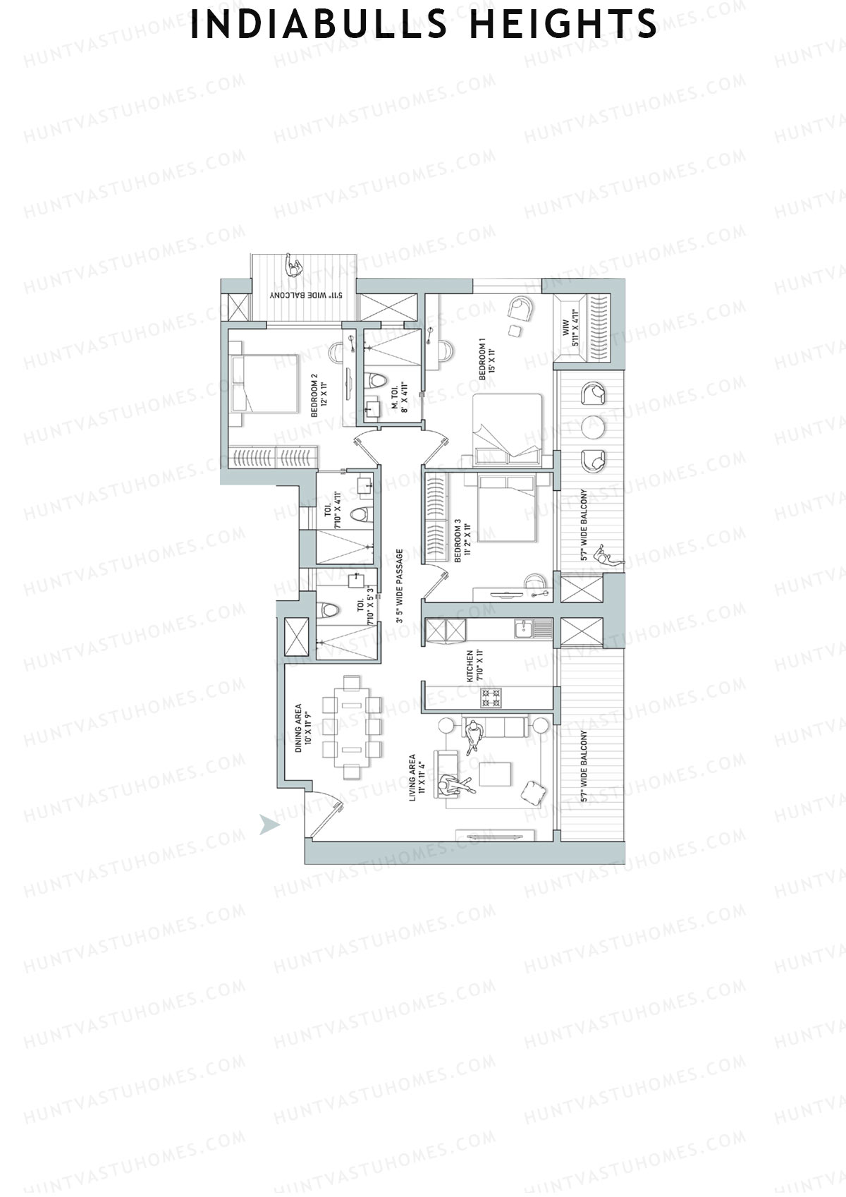 Indiabulls Heights, Tower B, Unit 3, 3BHK, Super Area 1880   sq ft 