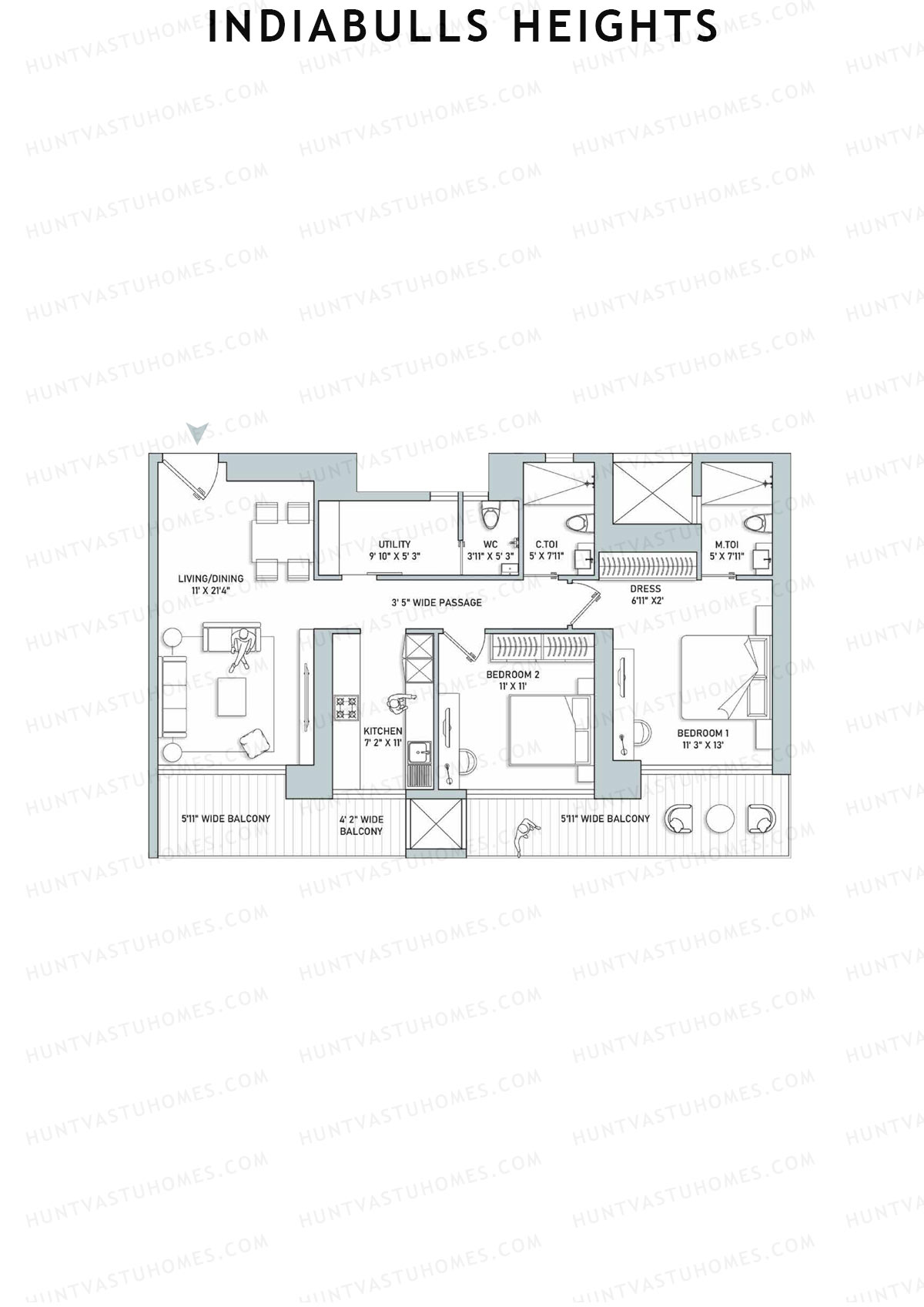 Indiabulls Heights, Tower C, Unit 3, 2BHK, Super Area 1518   sq ft 