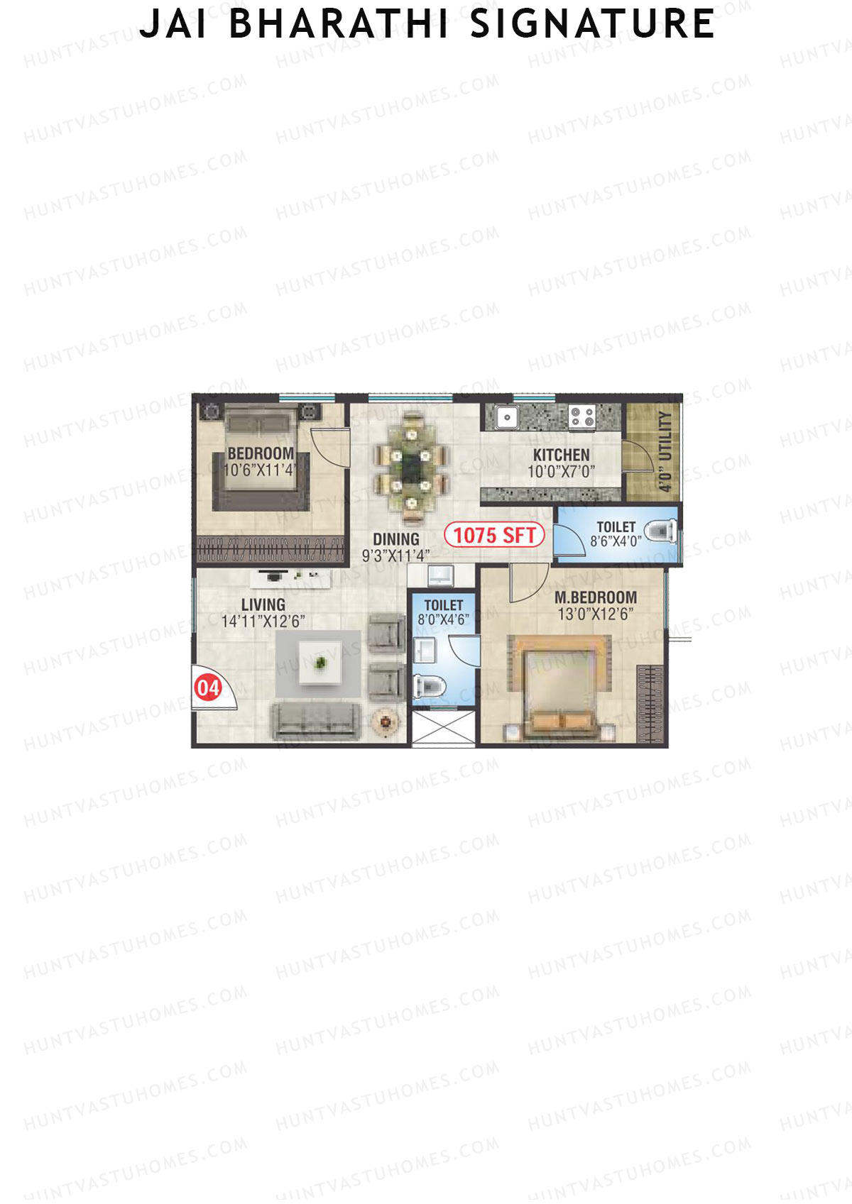 Jai Bharathi Signature, Block Signature, Unit 4, 2BHK, Super Area 1075   sq ft 