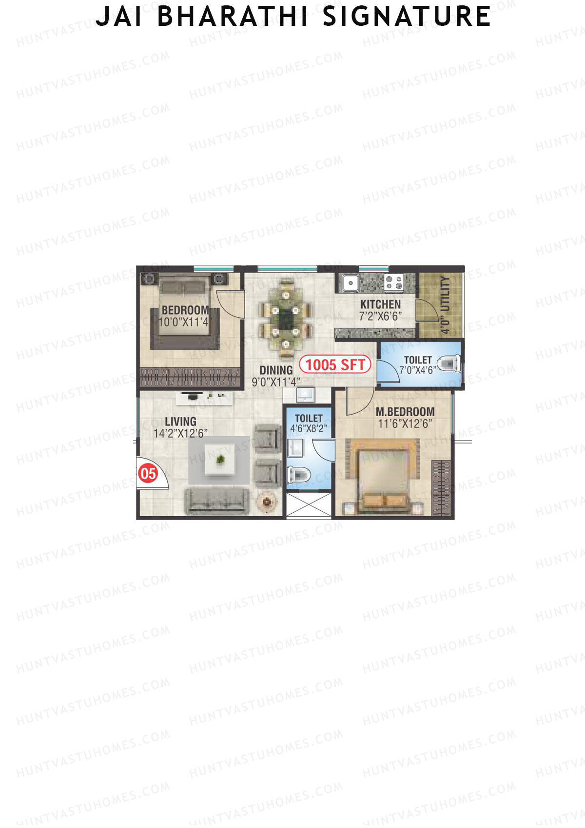 Jai Bharathi Signature, Block Signature, Unit 5, 2BHK, Super Area 1005   sq ft 