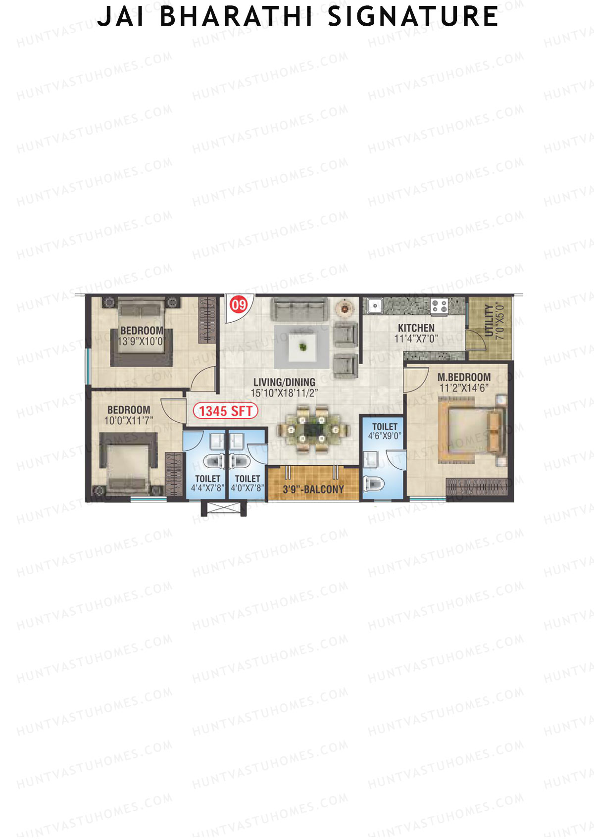 Jai Bharathi Signature, Block Signature, Unit 9, 3BHK, Super Area 1345   sq ft 