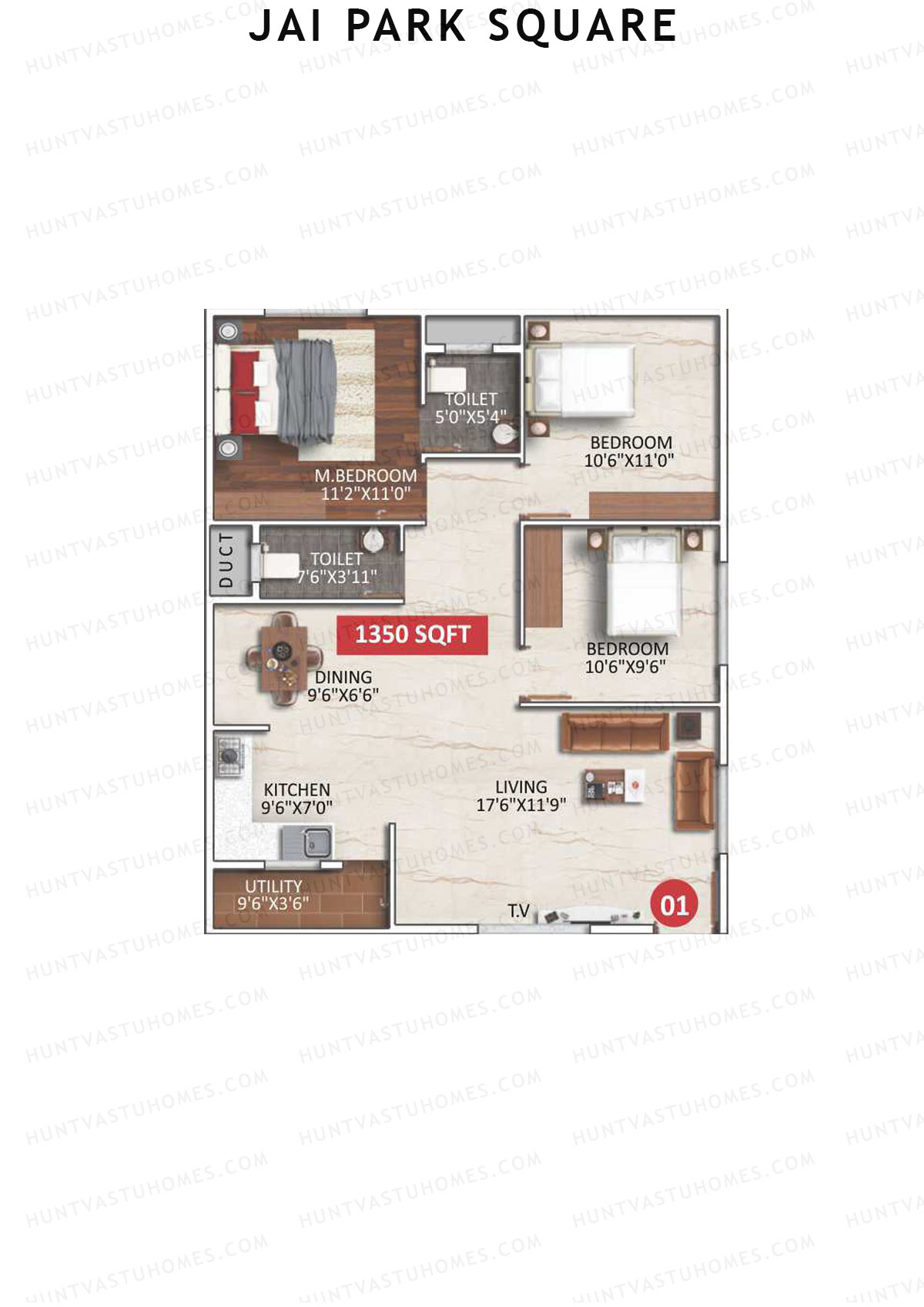 Jai Park Square, Block A, Unit 1, 3BHK, Super Area 1350   sq ft 