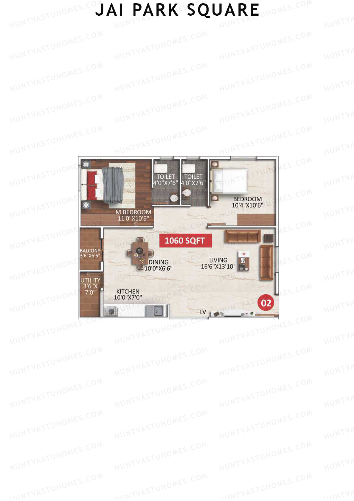Jai Park Square, Block A, Unit 2, 2BHK, Super Area 1060   sq ft 