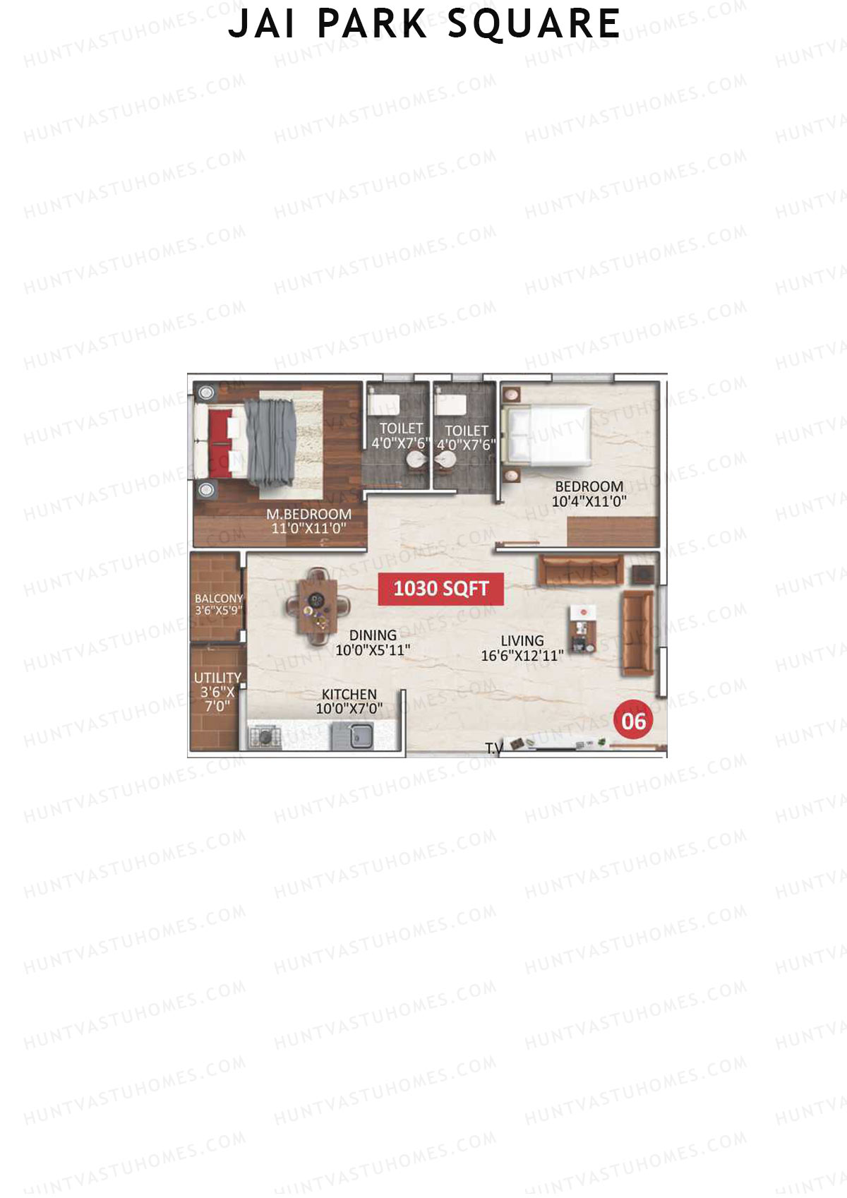 Jai Park Square, Block A, Unit 6, 2BHK, Super Area 1030   sq ft 