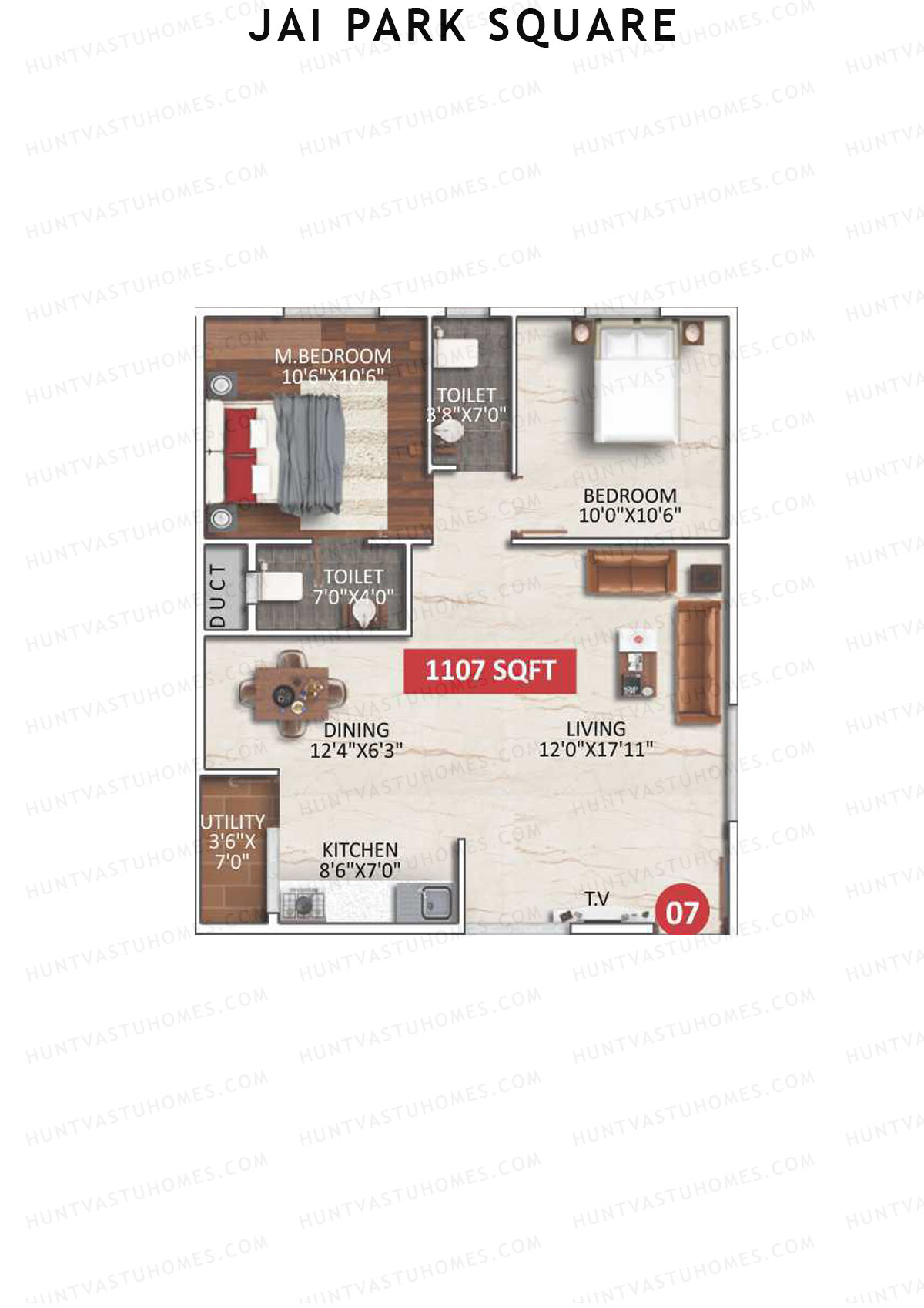 Jai Park Square, Block A, Unit 7, 2BHK, Super Area 1107   sq ft 