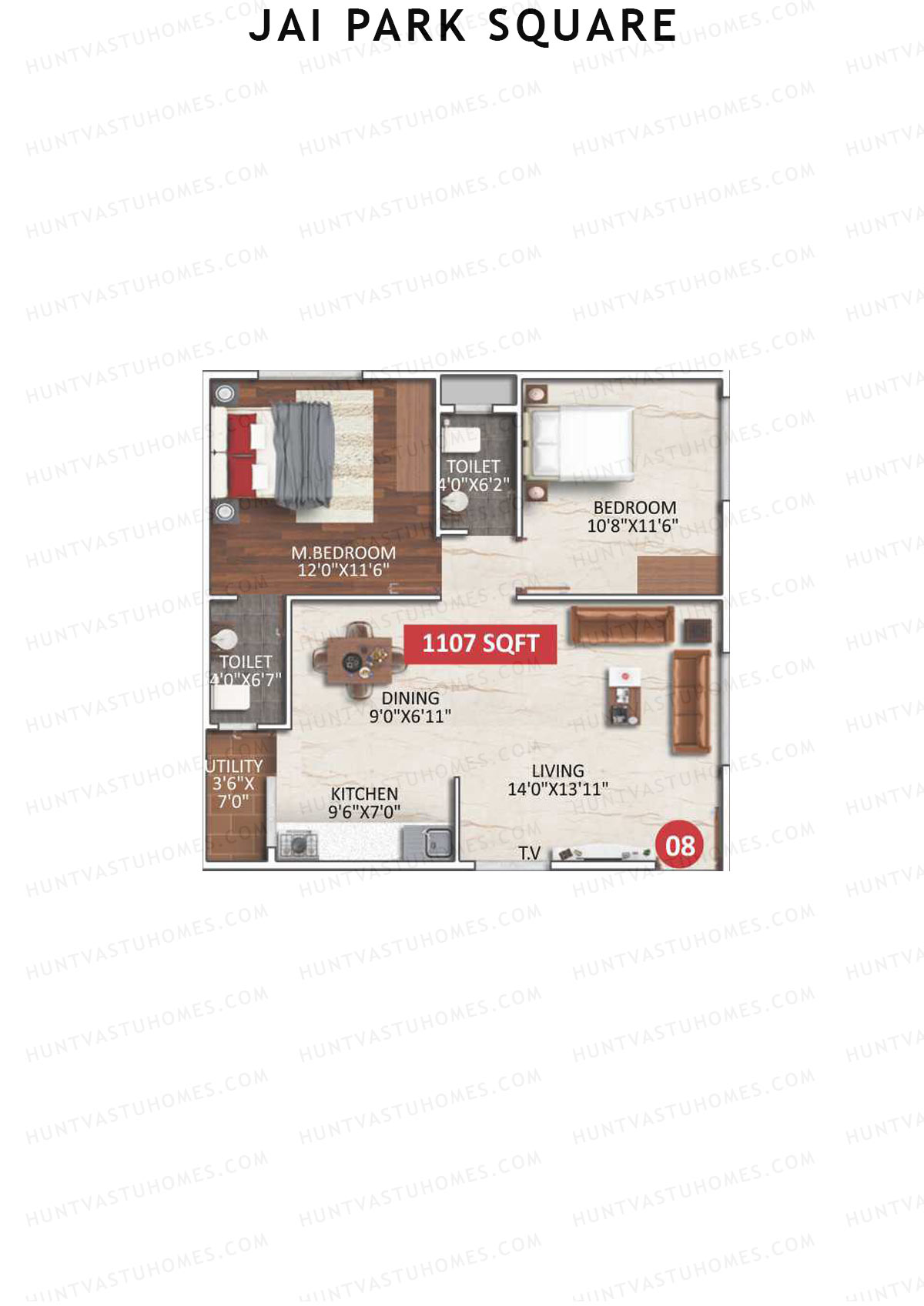 Jai Park Square, Block A, Unit 9, 2BHK, Super Area 1107   sq ft 