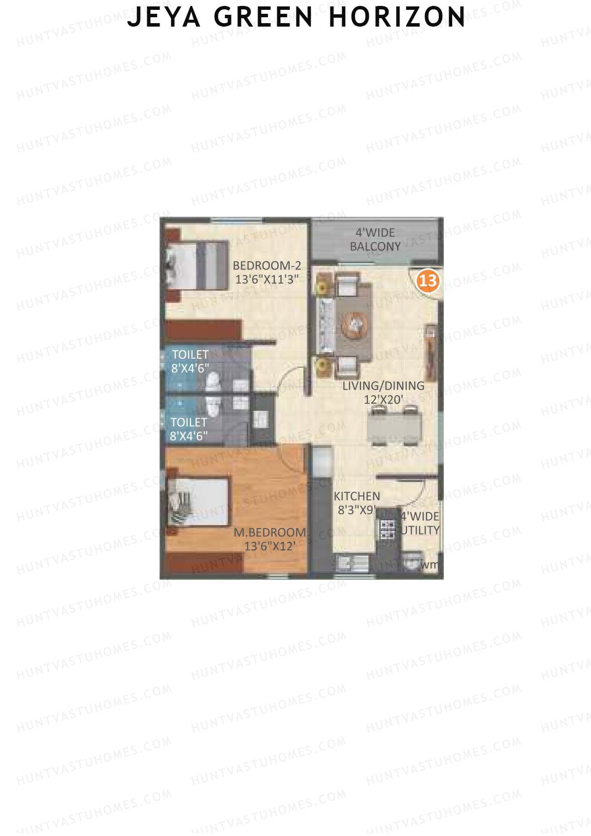 Jeya Green Horizon, Block A, Unit 13, 2BHK, Super Area 1153   sq ft 