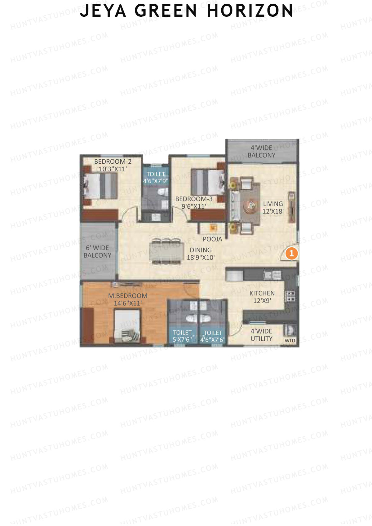 Jeya Green Horizon, Block A, Unit 1, 3BHK, Super Area 1664   sq ft 