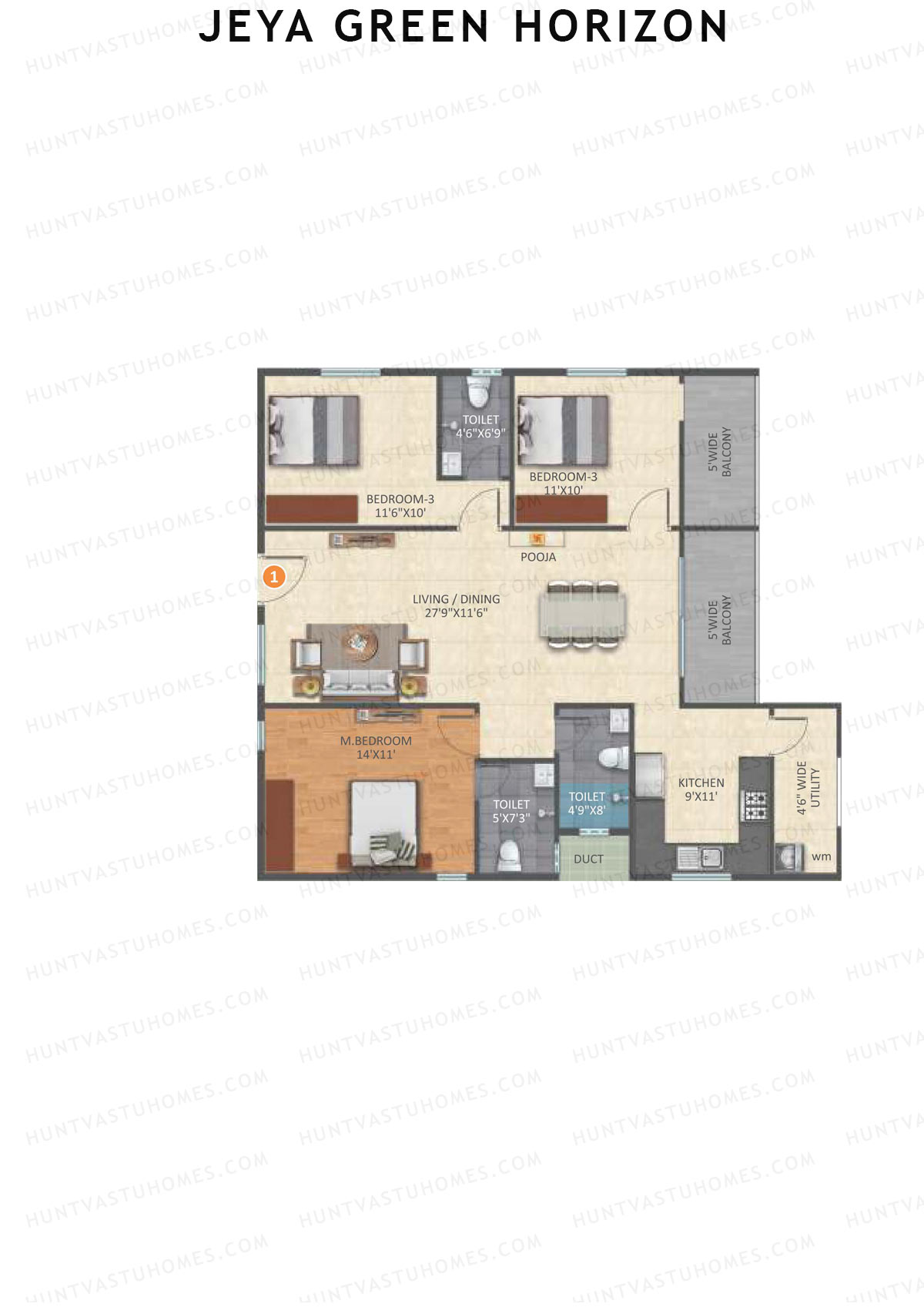 Jeya Green Horizon, Block B, Unit 1, 3BHK, Super Area 1554   sq ft 