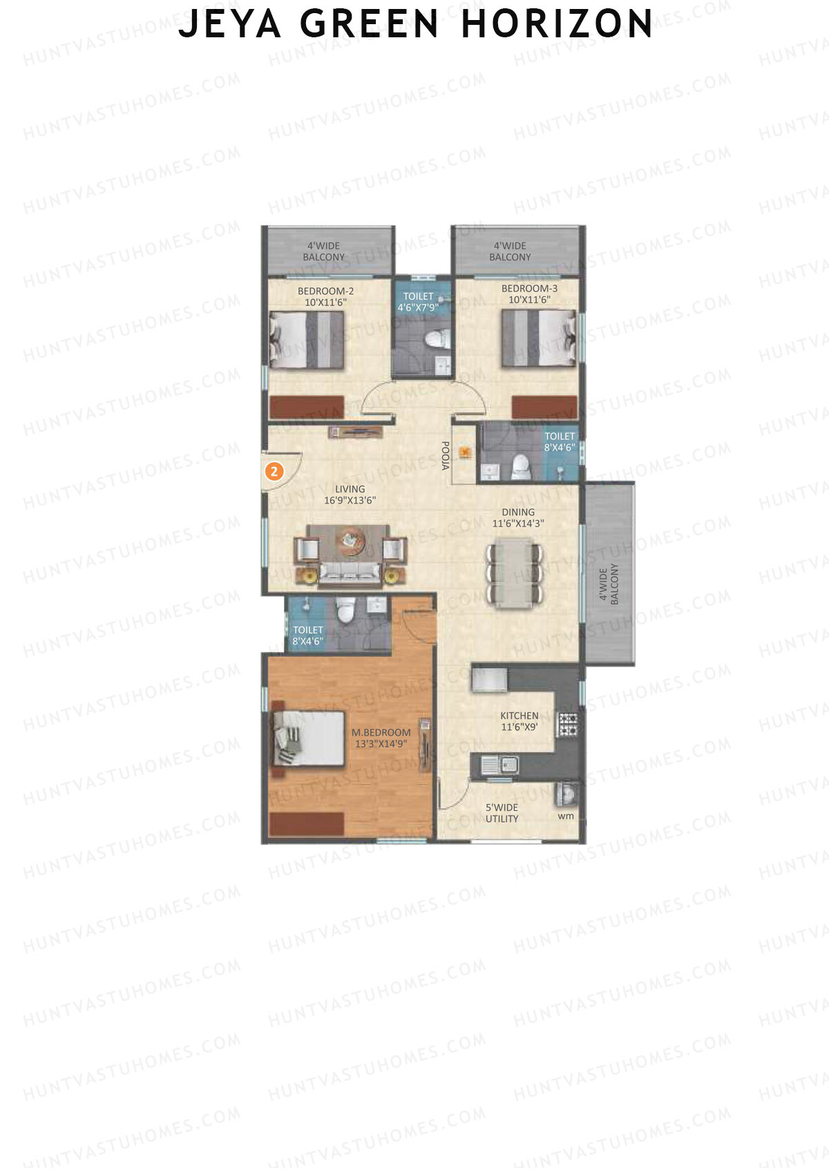 Jeya Green Horizon, Block B, Unit 2, 3BHK, Super Area 1746   sq ft 