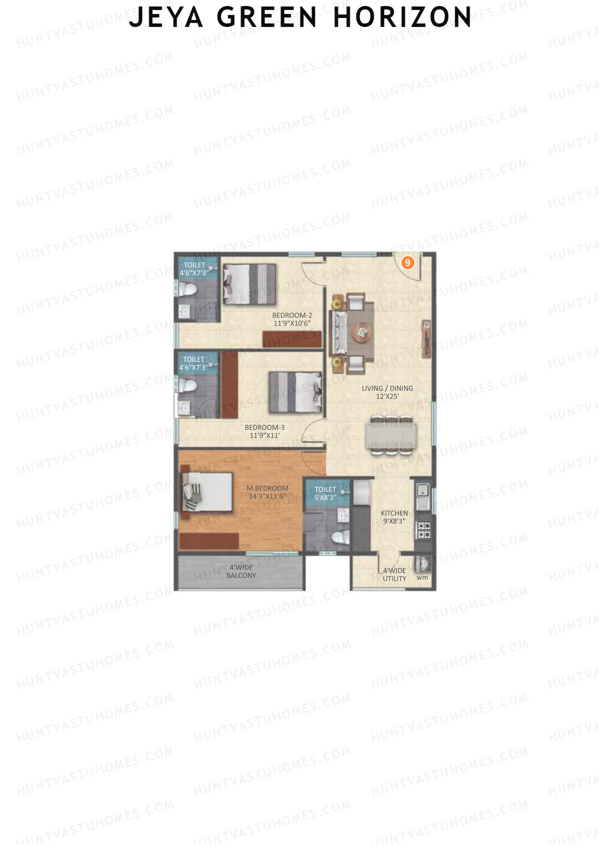 Jeya Green Horizon, Block B, Unit 9, 3BHK, Super Area 1500   sq ft 