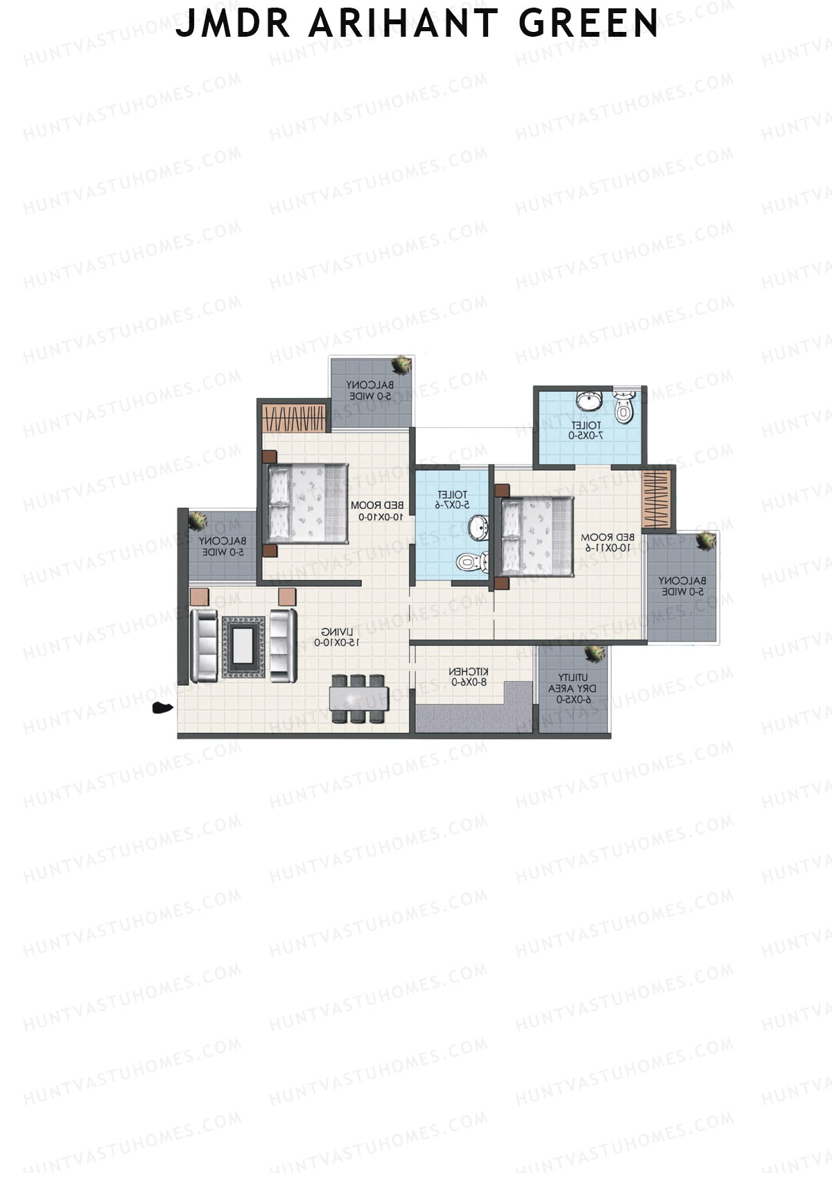 JMDR Arihant Green, Tower A, Unit 1 (Type 2), 2BHK, Super Area 935   sq ft 