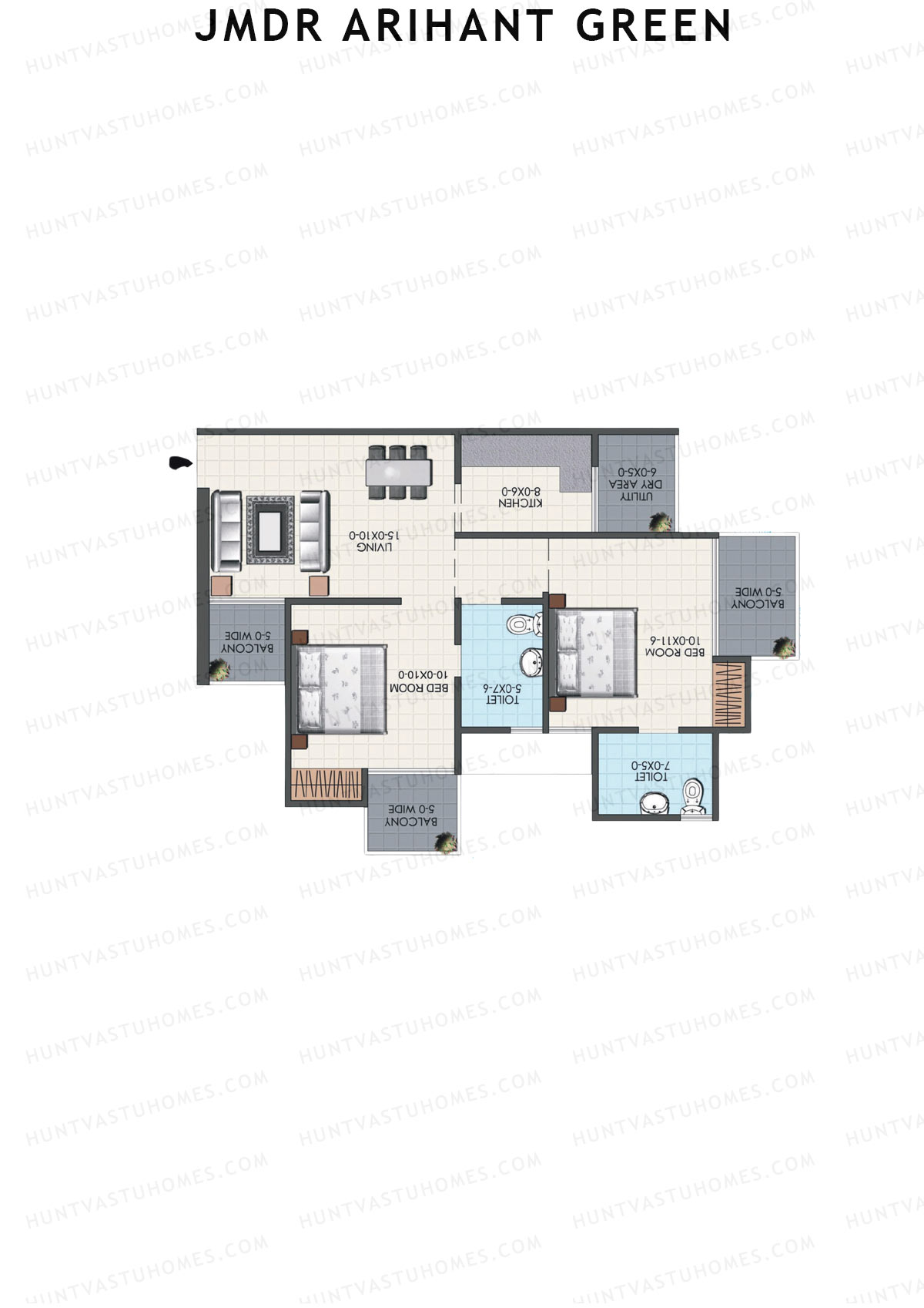 JMDR Arihant Green, Tower A, Unit 2 (Type 2), 2BHK, Super Area 935   sq ft 