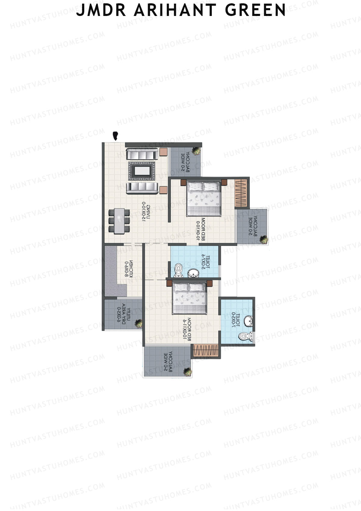 JMDR Arihant Green, Tower A, Unit 3 (Type 2), 2BHK, Super Area 935   sq ft 