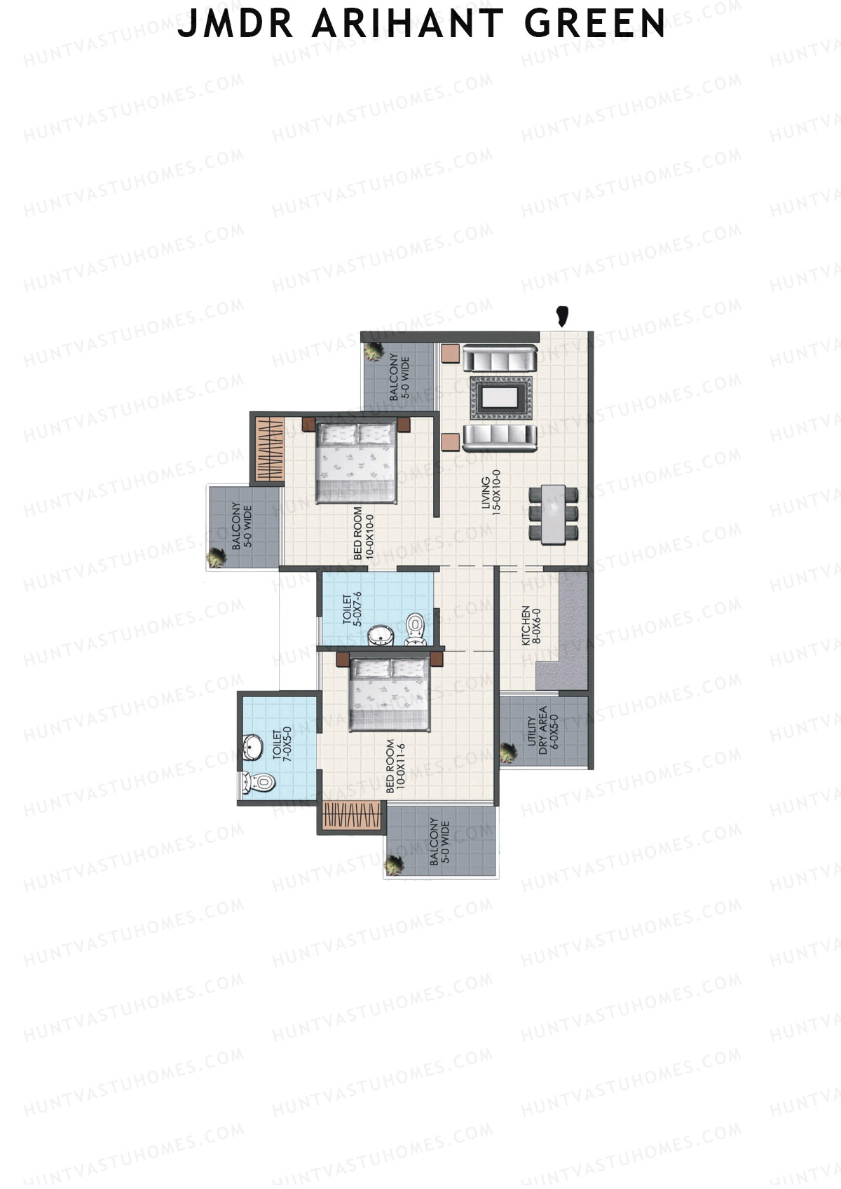 JMDR Arihant Green, Tower A, Unit 4 (Type 2), 2BHK, Super Area 935   sq ft 