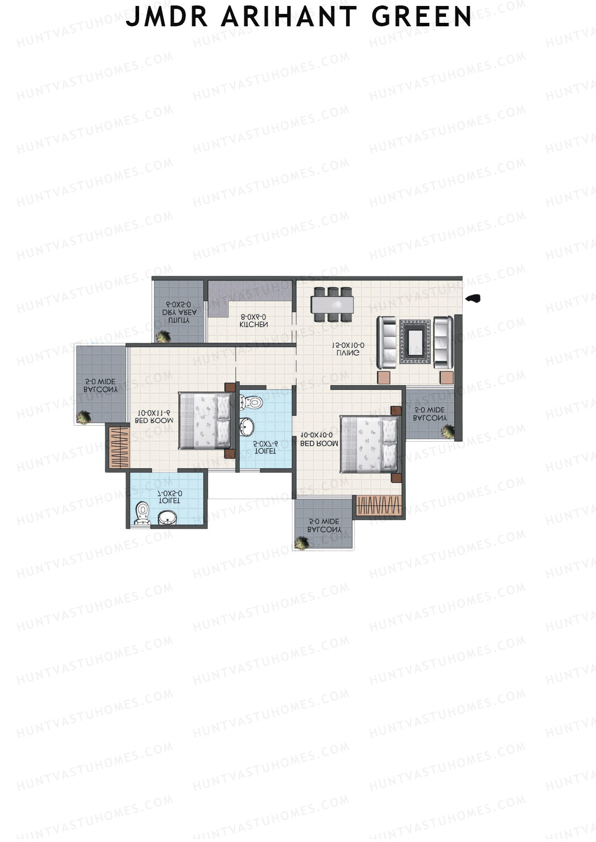 JMDR Arihant Green, Tower A, Unit 5 (Type 2), 2BHK, Super Area 935   sq ft 