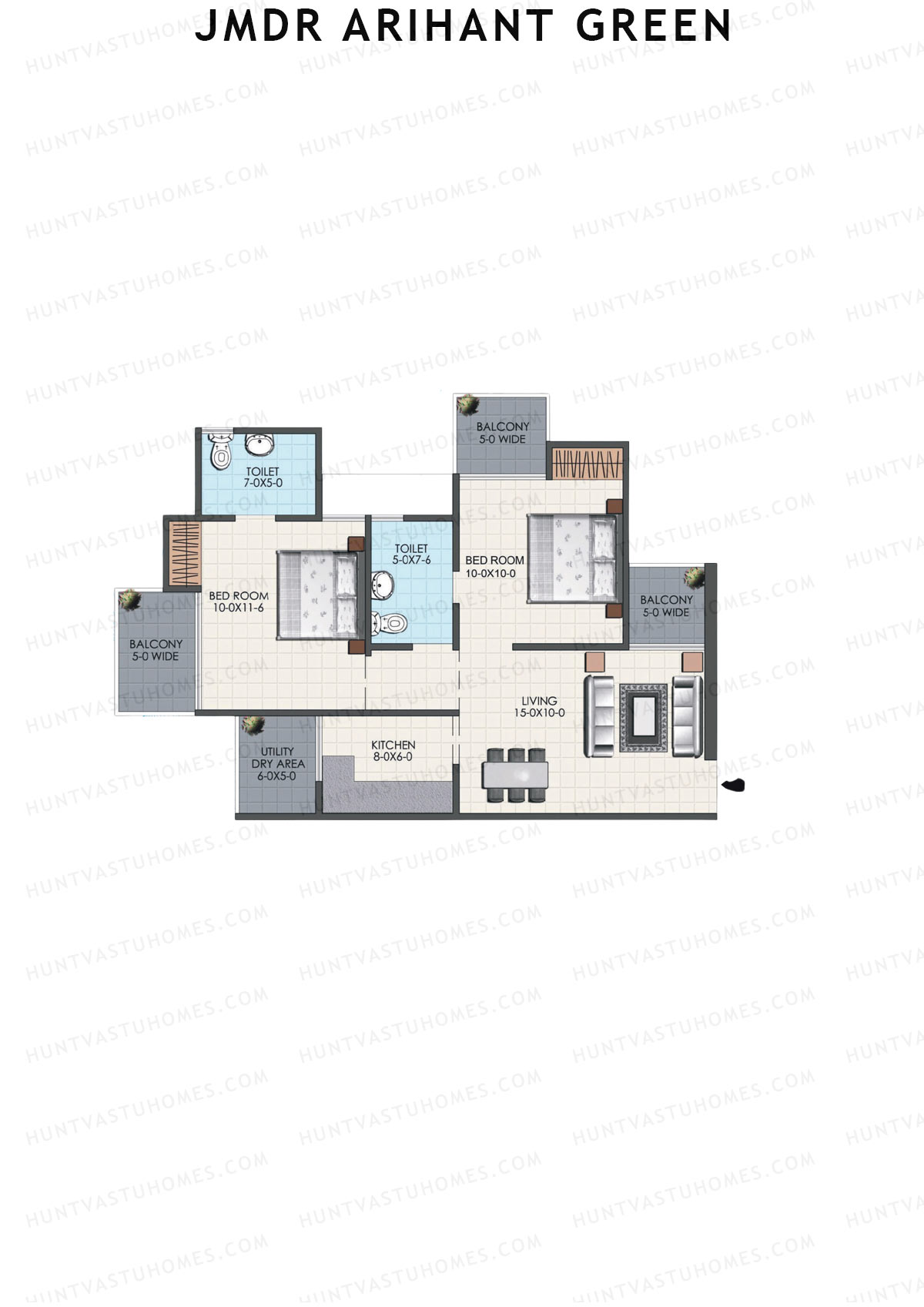 JMDR Arihant Green, Tower A, Unit 6 (Type 2), 2BHK, Super Area 935   sq ft 